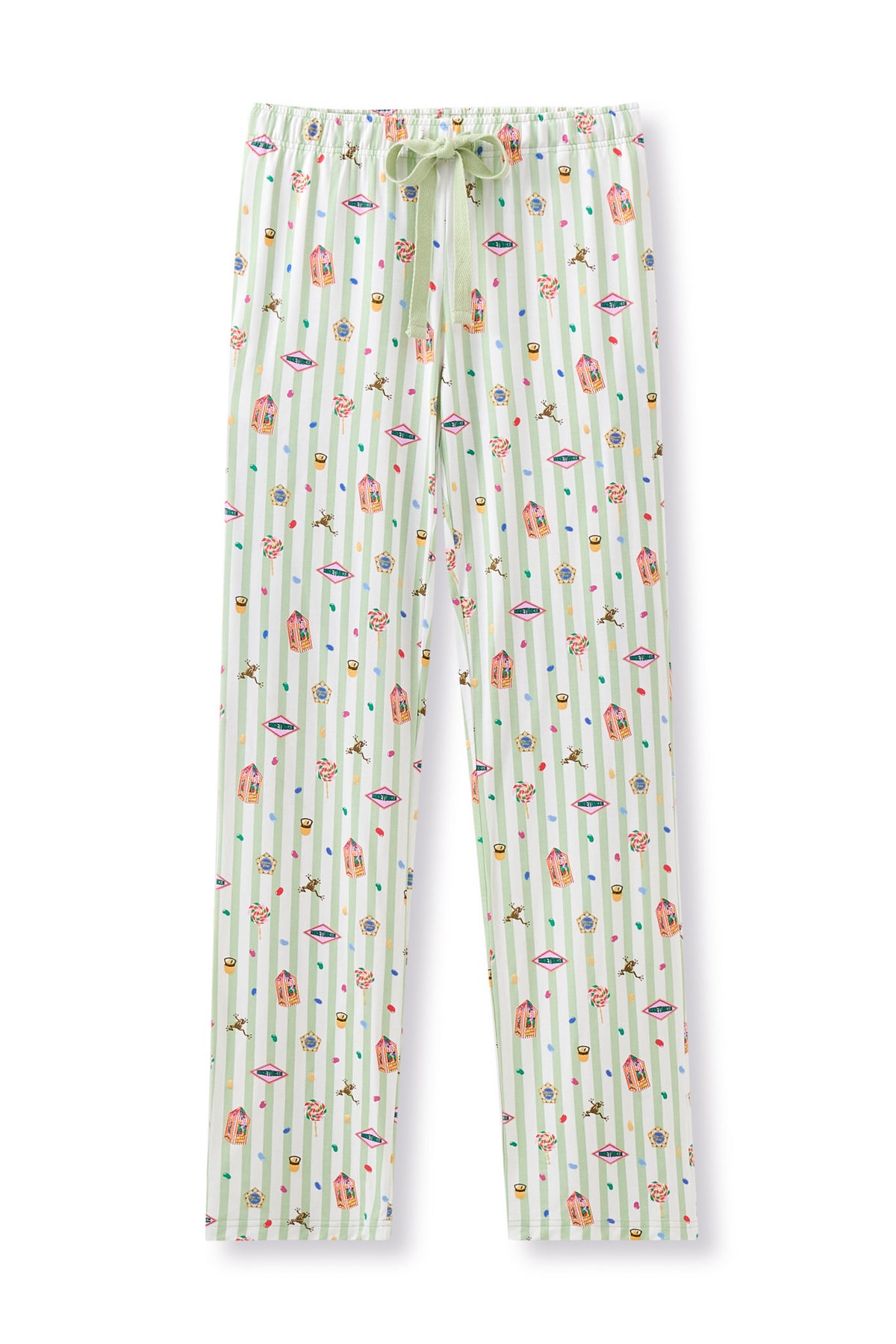 Green and white striped Women's lounge pants with colorful Harry Potter pattern print on a white background
