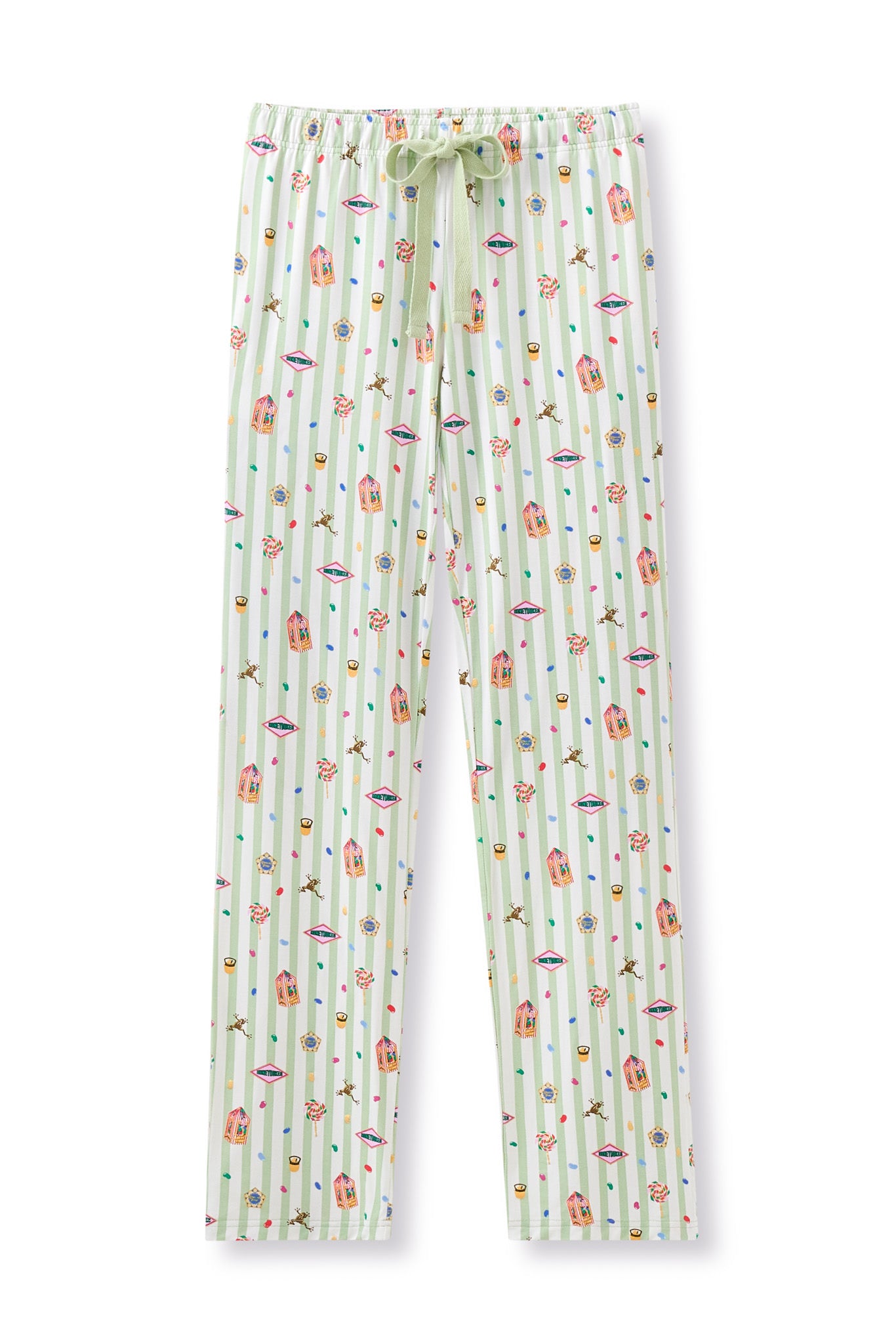 Green and white striped Women's lounge pants with colorful Harry Potter pattern print on a white background
