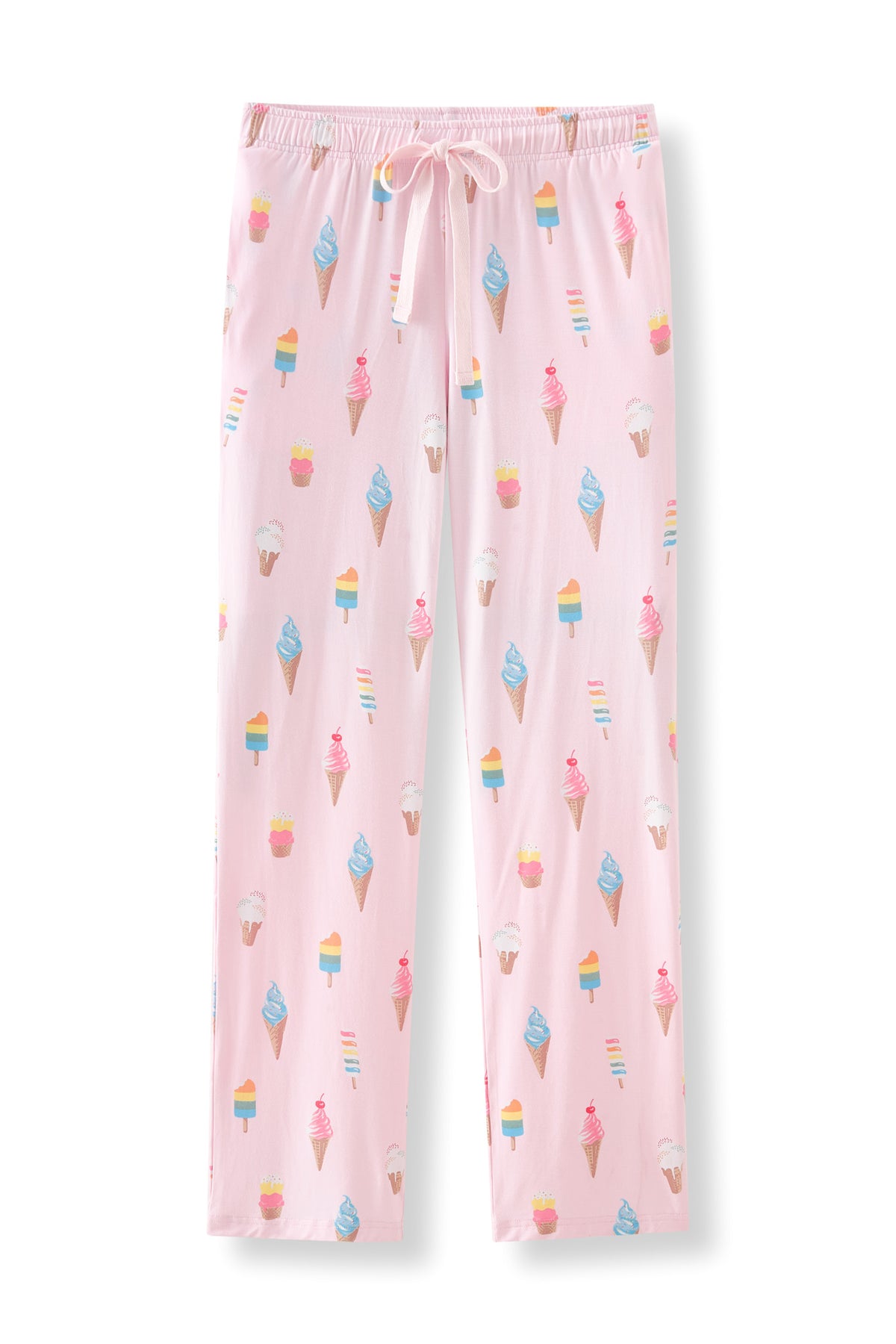 Pink Women's Lounge Pants in Ice Cream print with drawstring on white background