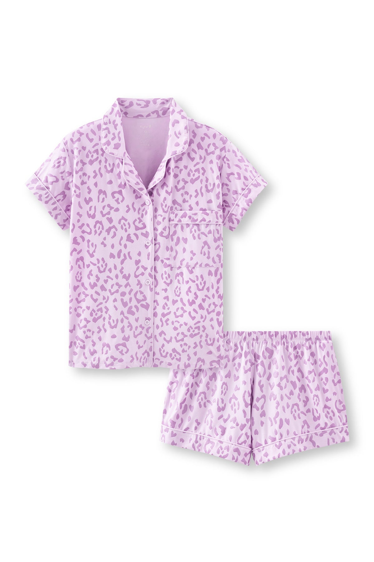 Women's Short Sleeve Pajama Set in Thistle Leopard print on a white background