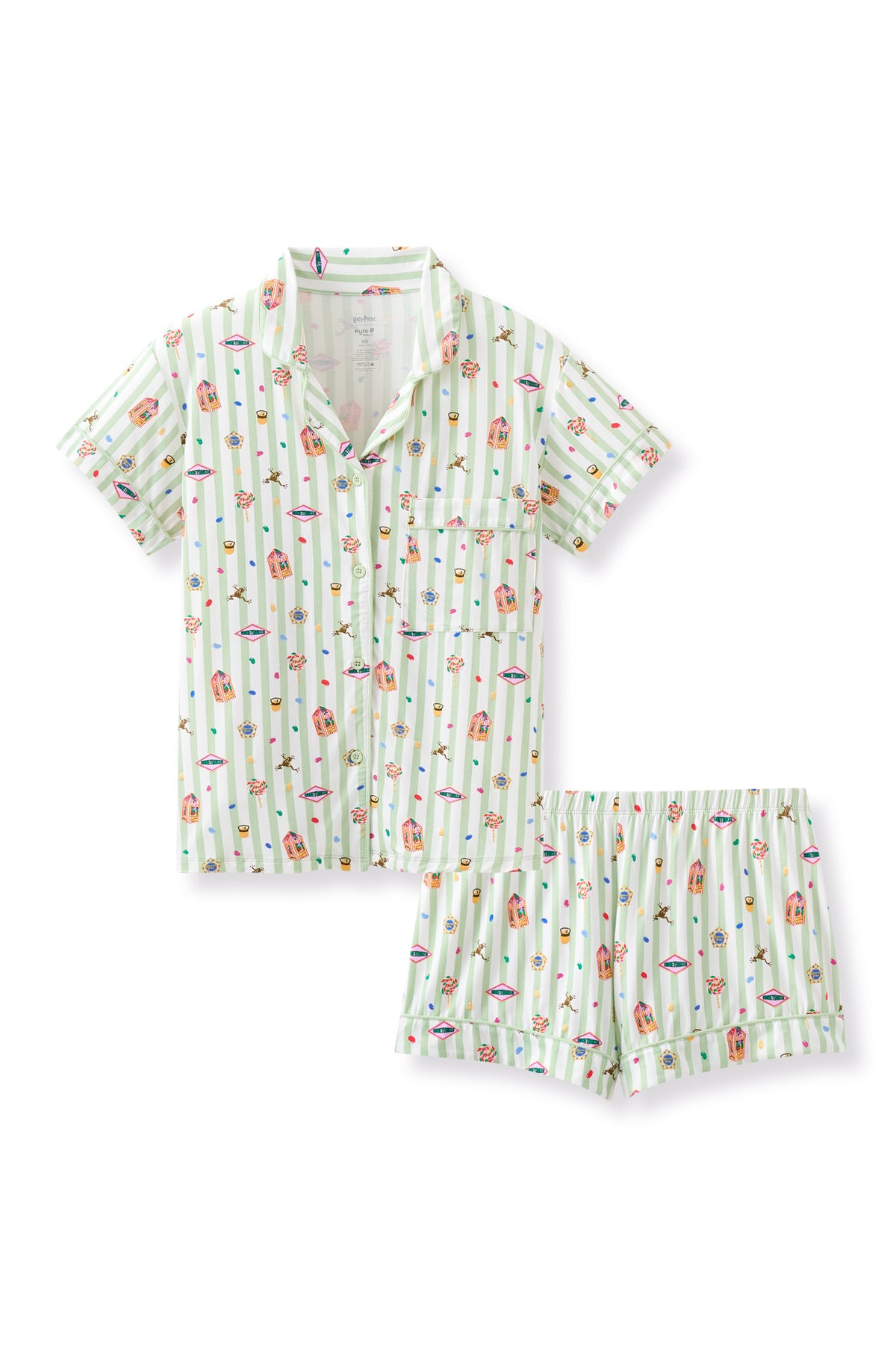 Women's Short Sleeve Pajama Set with colorful Harry Potter patterns on green and white striped fabric on a white background