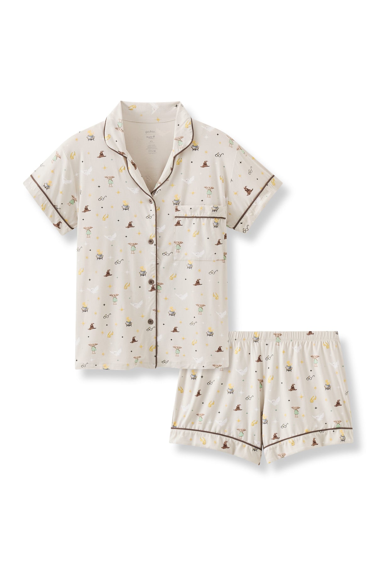 Beige Women's Short Sleeve Pajama Set with Harry Potter prints on a white background