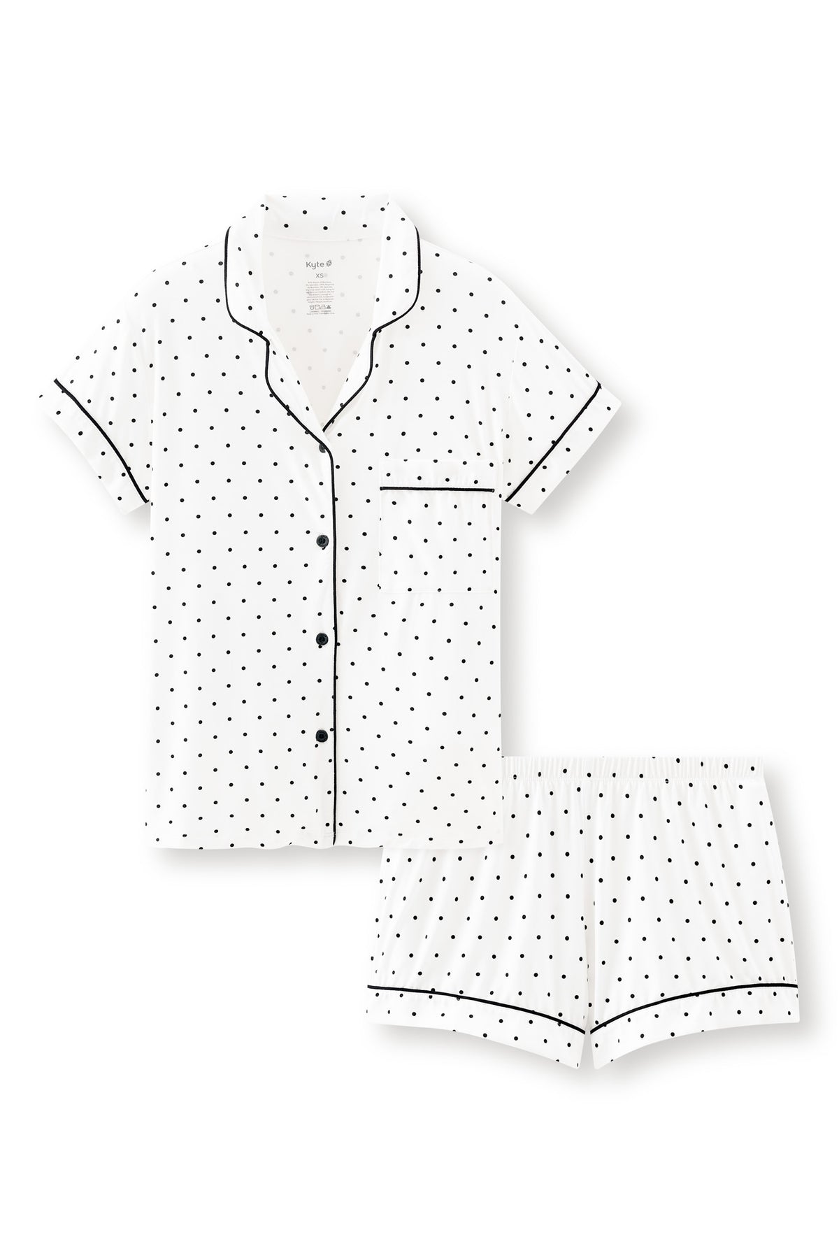 Women's Short Sleeve Pajama Set in Midnight Polka Dot with black piping on a white background