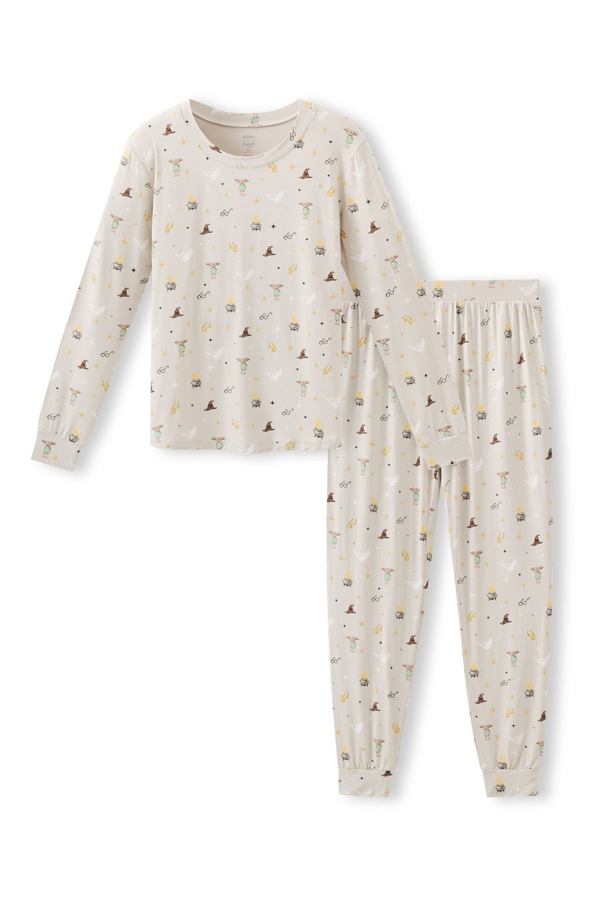 Beige Women's joggers pajama set with Harry Potter prints on a white background