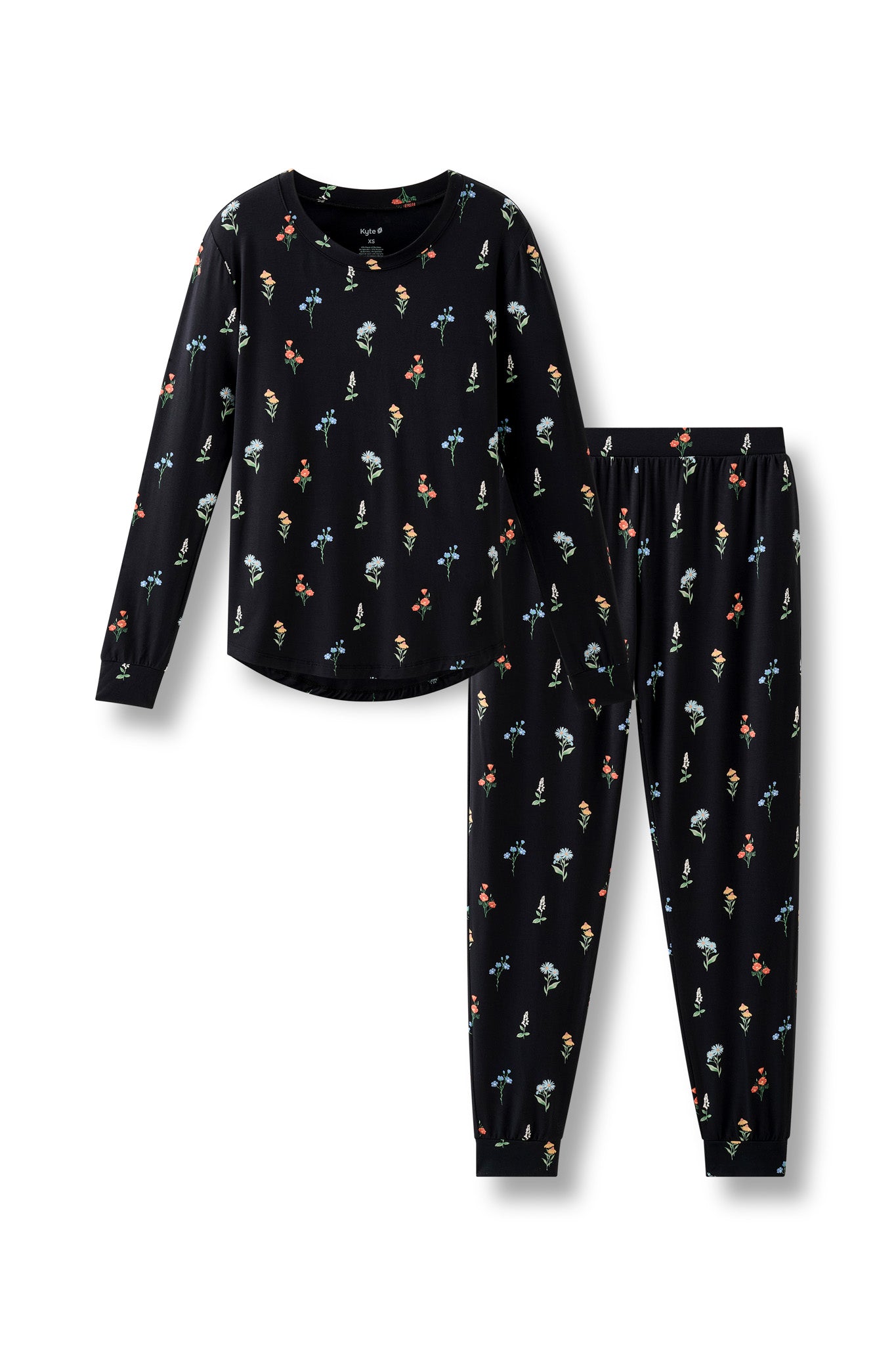 Black Women's Jogger Pajama Set in Wildflower print on a white background