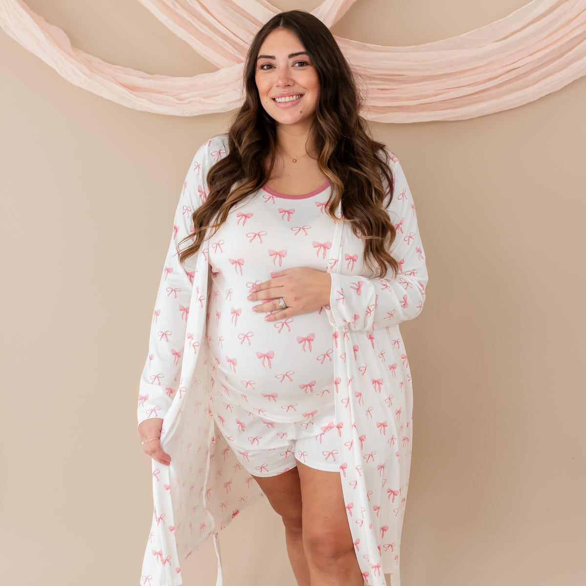 Pregnant woman modeling Women’s Tank Set in Bow and matching lounge robe