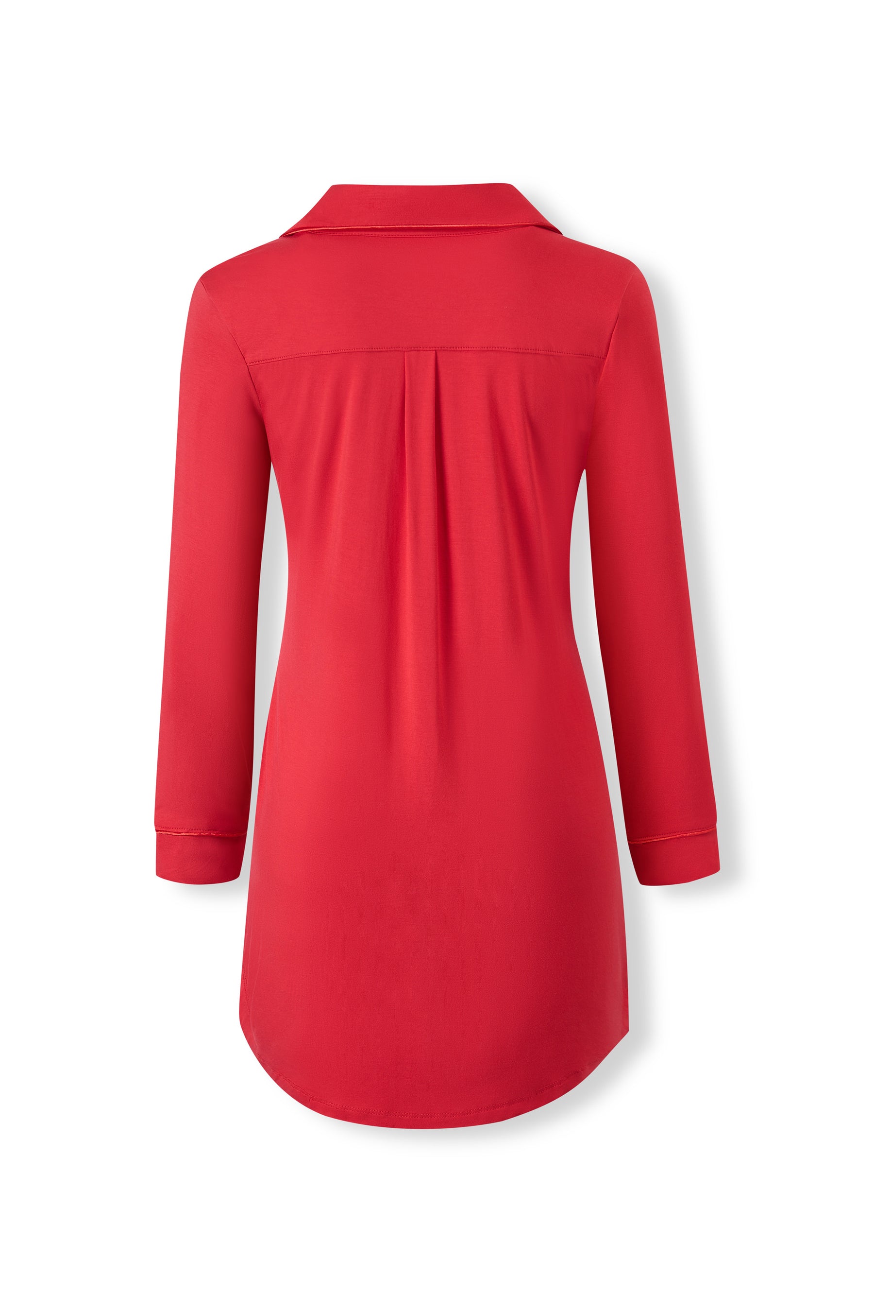 A red long-sleeve collared shirt dress with a subtle pleated detail at the center back, shown from the back on a white background.