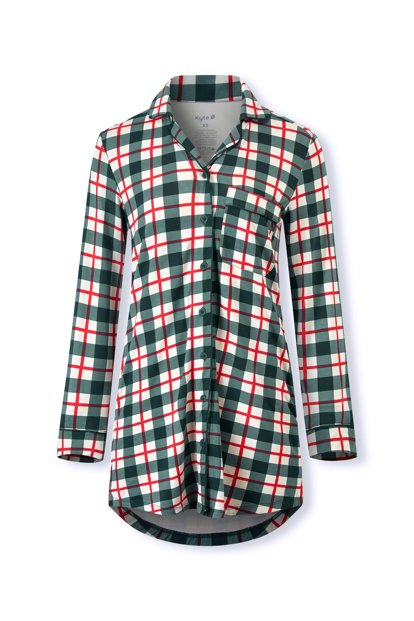 A women's long-sleeve plaid button-up shirt in green, white, and red, shown against a plain white background.