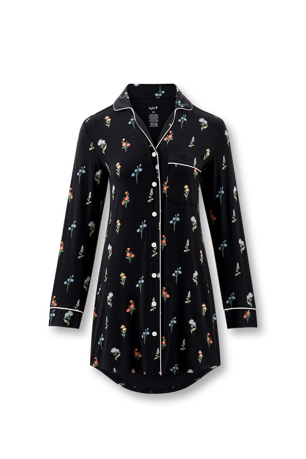 Black Long Sleeve Women’s Nightshirt in Wildflower print on a white background