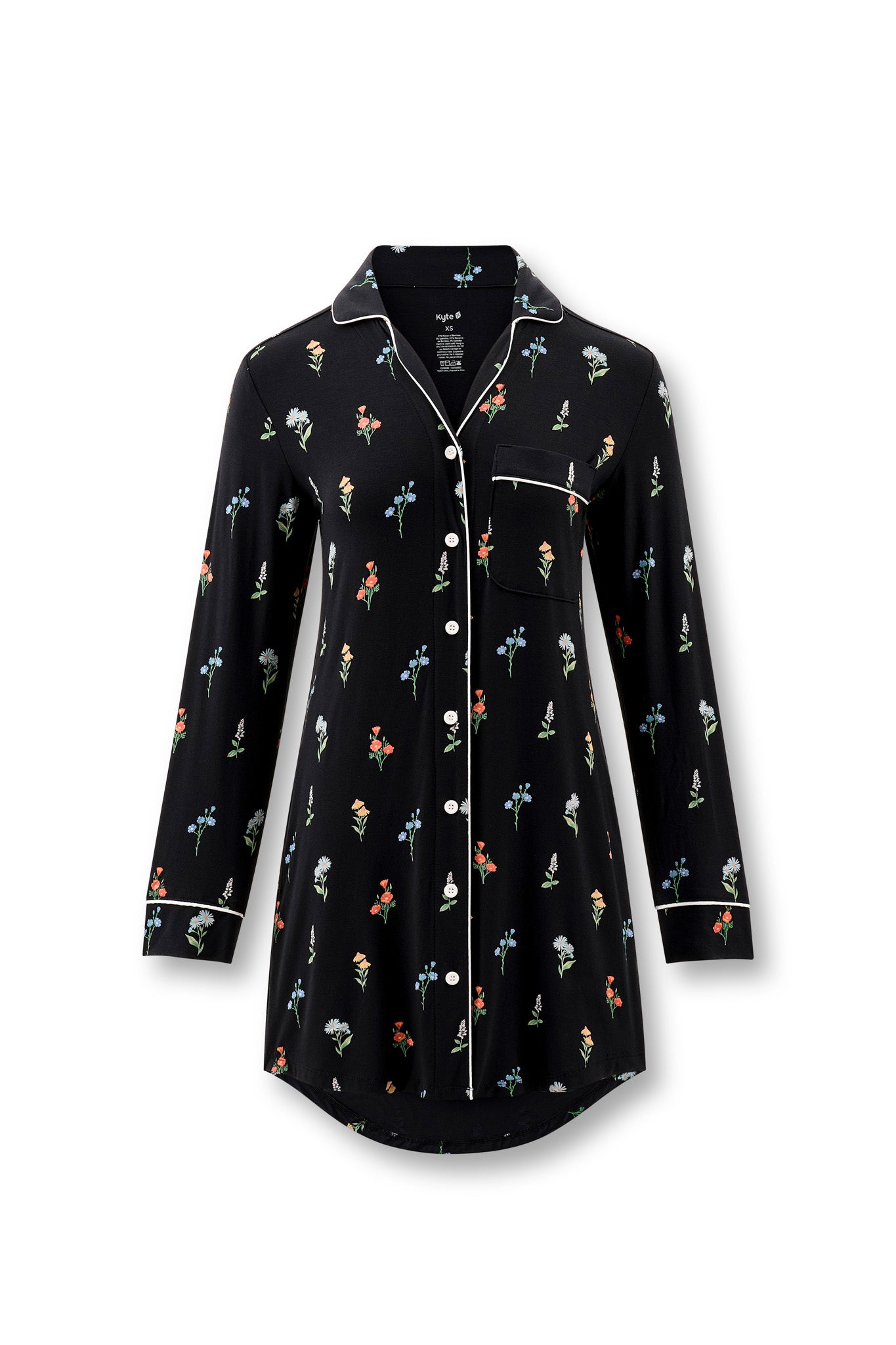 Black Long Sleeve Women’s Nightshirt in Wildflower print on a white background