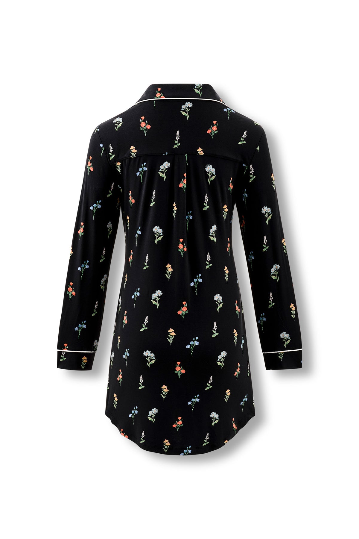 Back side of Black Long Sleeve Women’s Nightshirt in Wildflower print on a white background