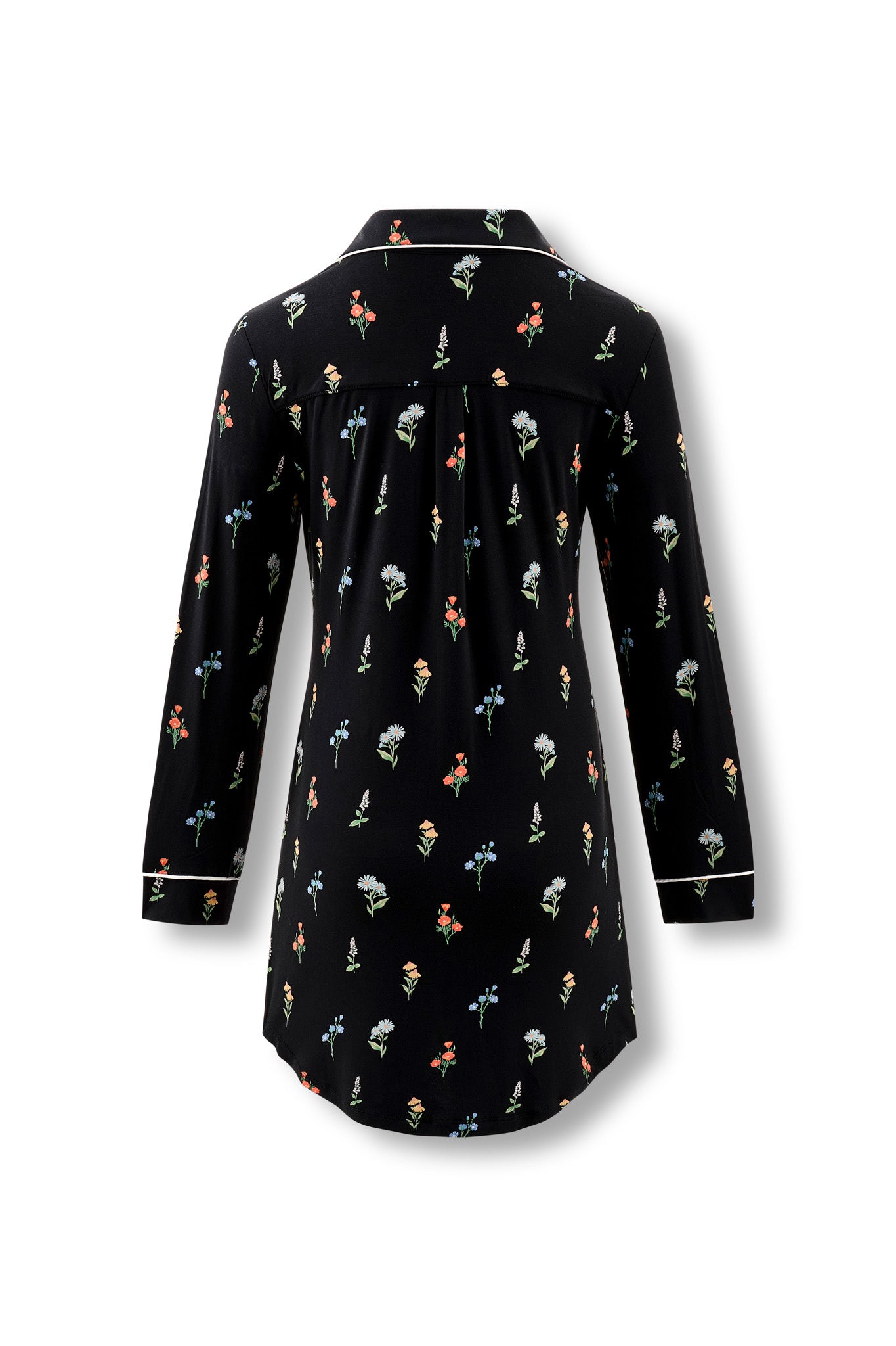 Back side of Black Long Sleeve Women’s Nightshirt in Wildflower print on a white background