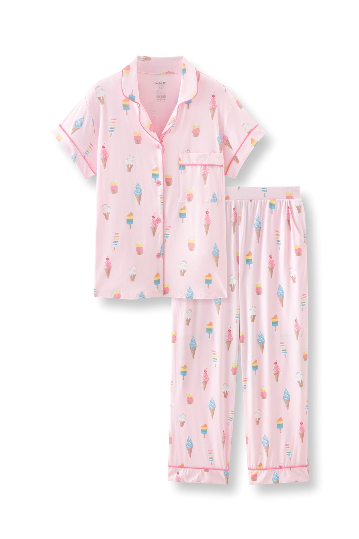 Pink Women's Short Sleeve Cropped Pajama Set with Ice Cream print on white background