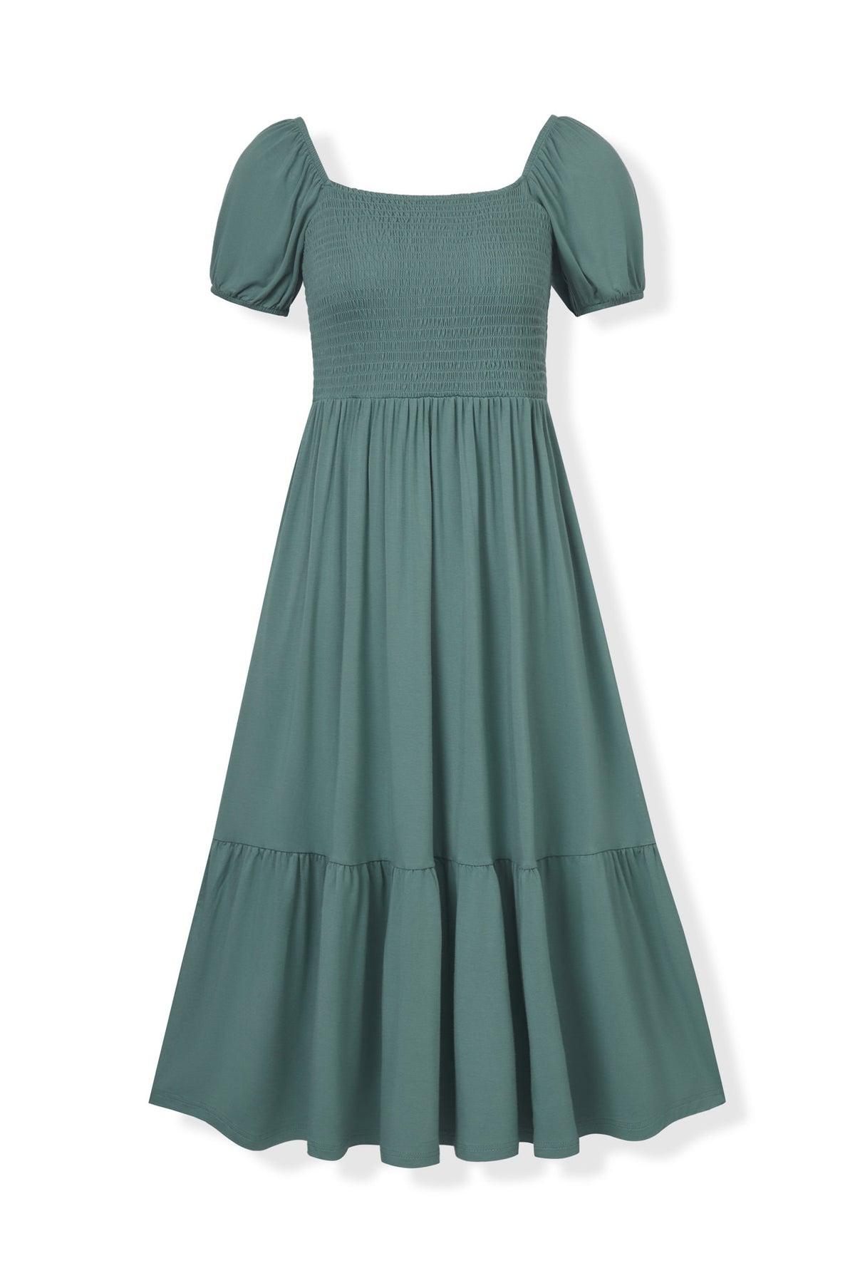 Women’s Smocked Dress in Pine on a white background
