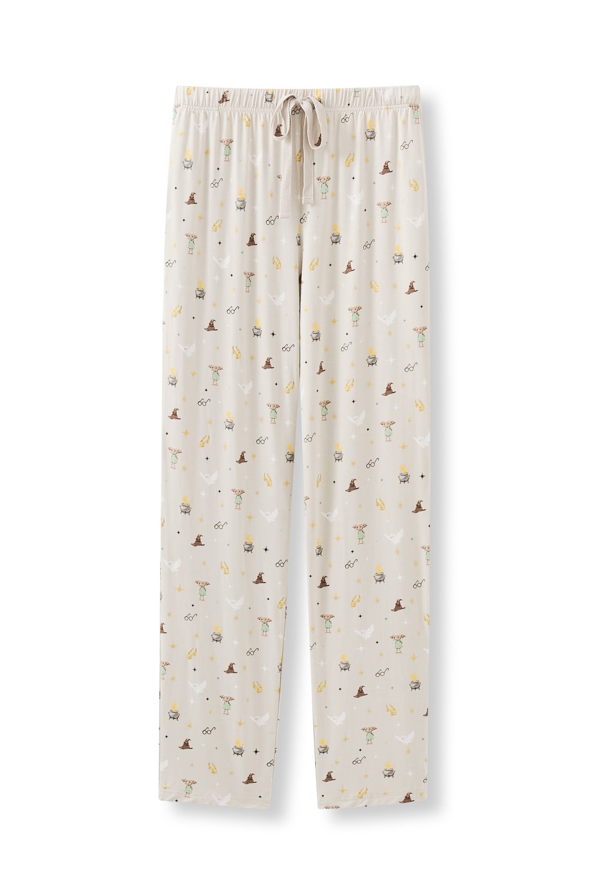 Beige men's lounge pants in Harry Potter pattern print on a white background