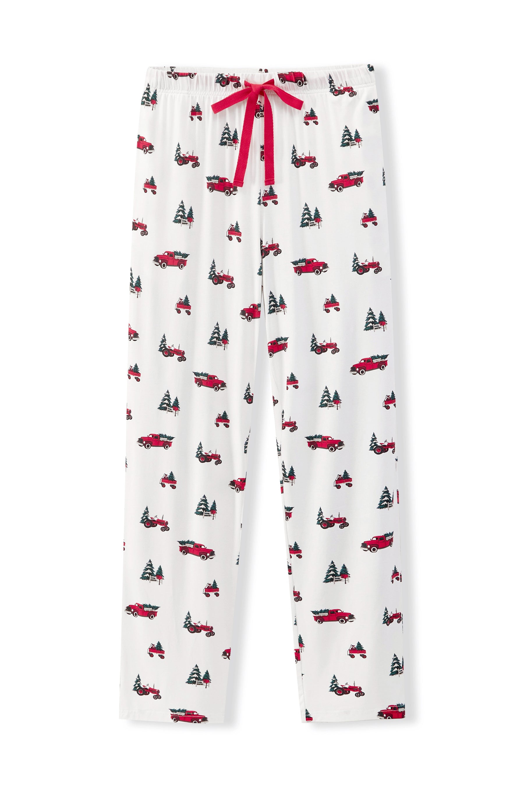 White pajama pants with an all-over red and black holiday truck and pine tree print, featuring a red drawstring waist.