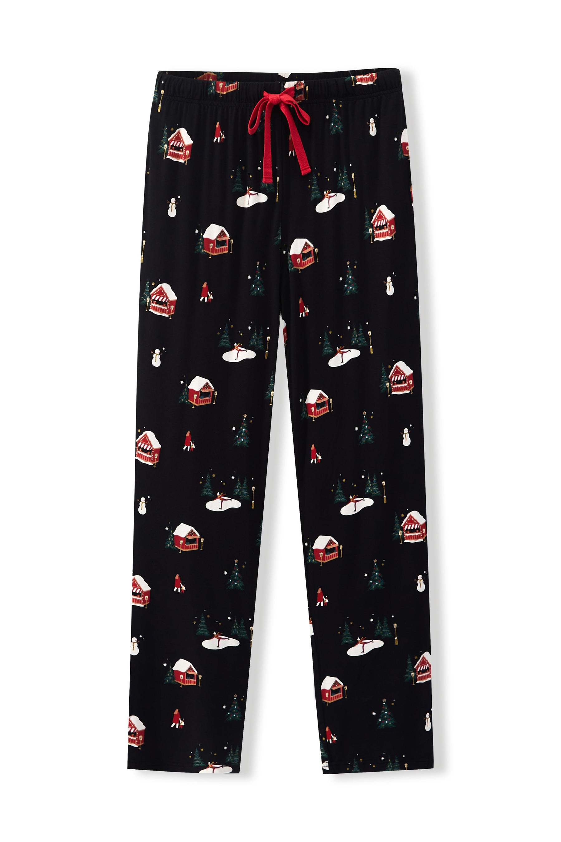 Black holiday-themed lounge pants with a red drawstring and an all-over print of snow-covered cabins, trees, and snowmen, shown flat against a white background.