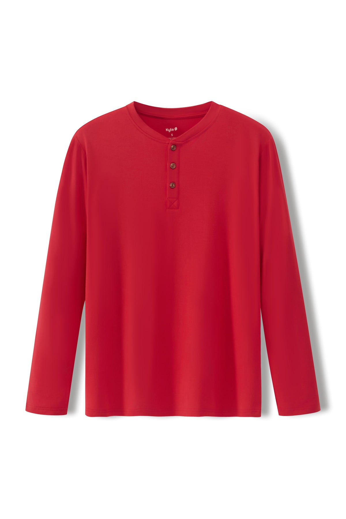A red long-sleeve henley shirt with three dark buttons on the chest, displayed flat against a clean white background.