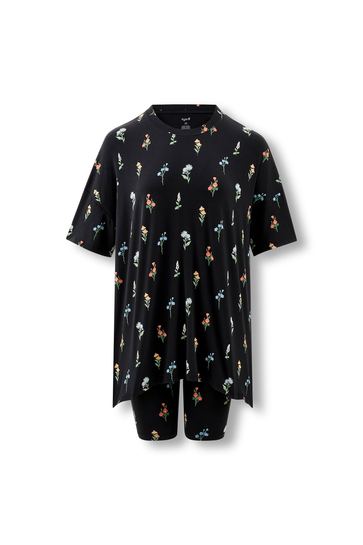 Black Women’s Biker Short Set in Wildflower print on a white background