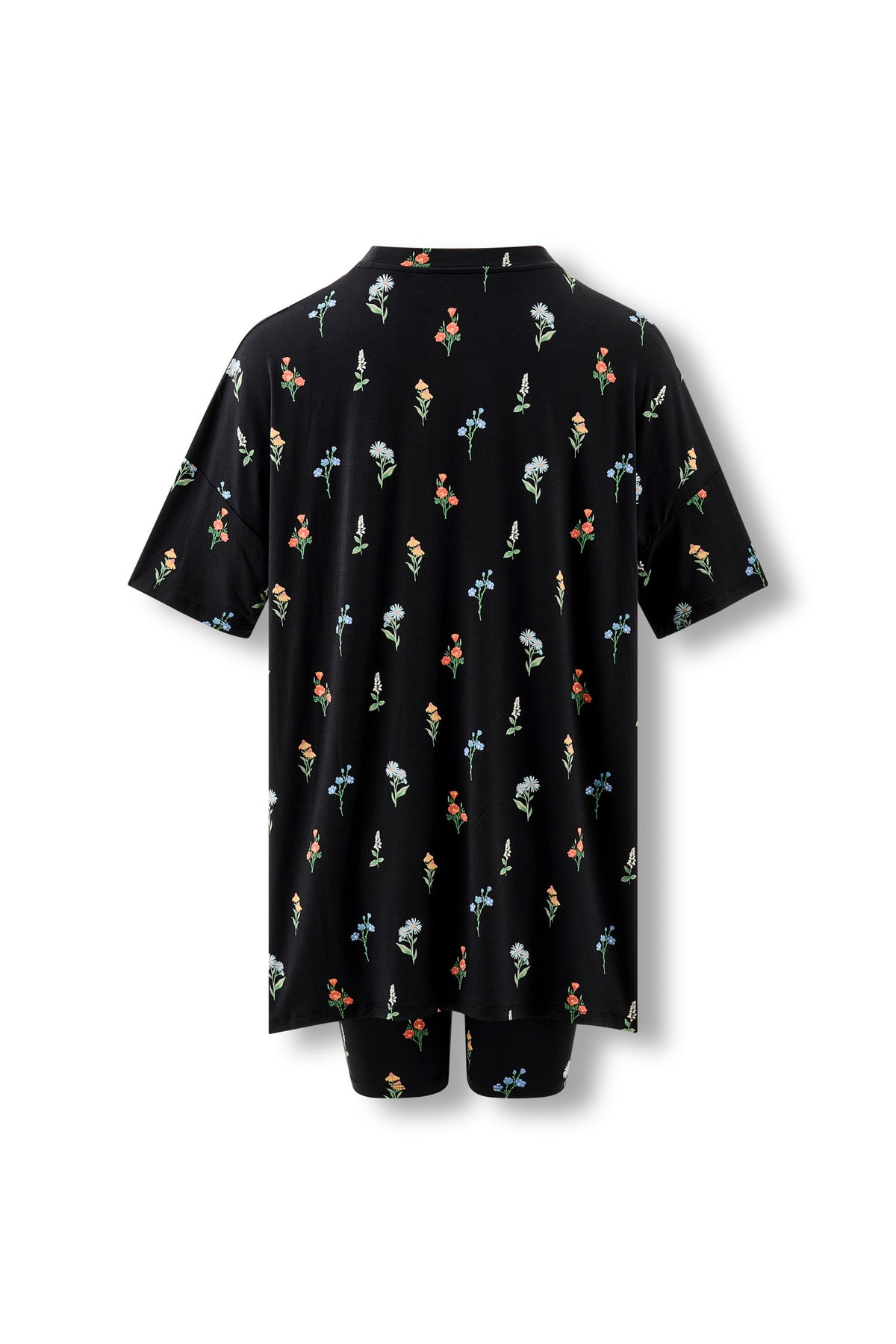 Back side of Black Women’s Biker Short Set in Wildflower print on a white background