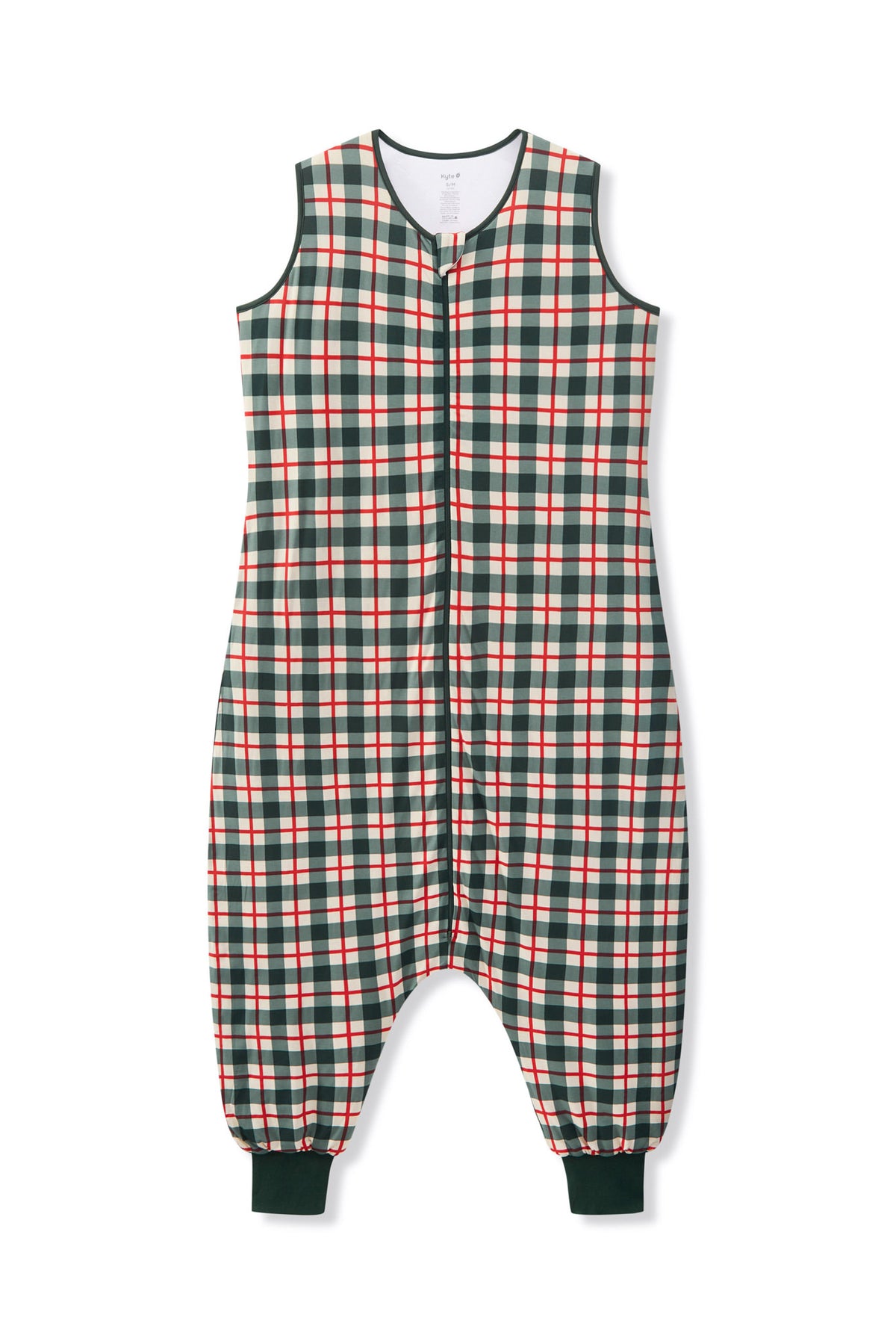 A sleeveless sleeping jumpsuit with a festive green, red, and white plaid pattern, featuring a front zipper, elastic waist, and cuffed legs.