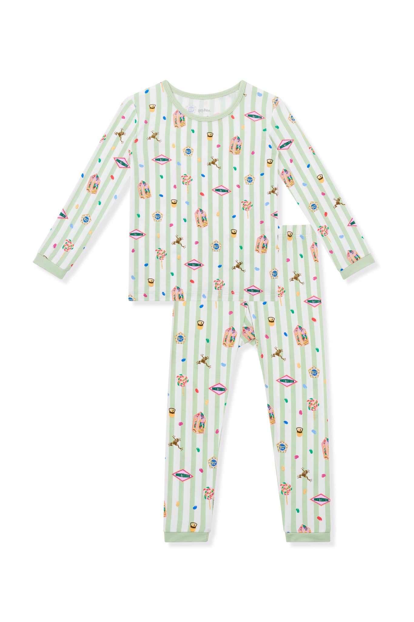 Green and white striped long sleeve pajamas with colorful Harry Potter patterns on a white background