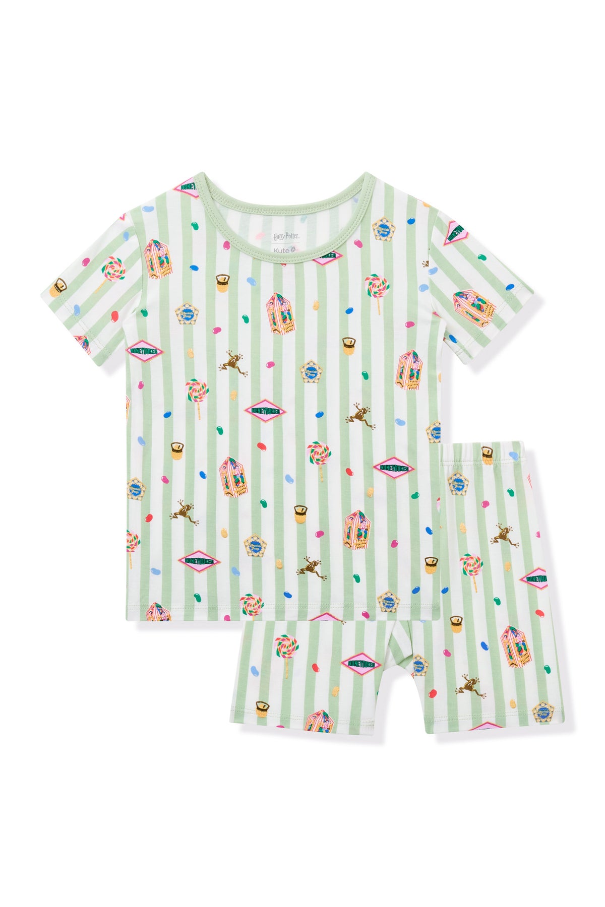 Green and white striped Short Sleeve Pajamas with colorful Harry Potter patterns on a white background