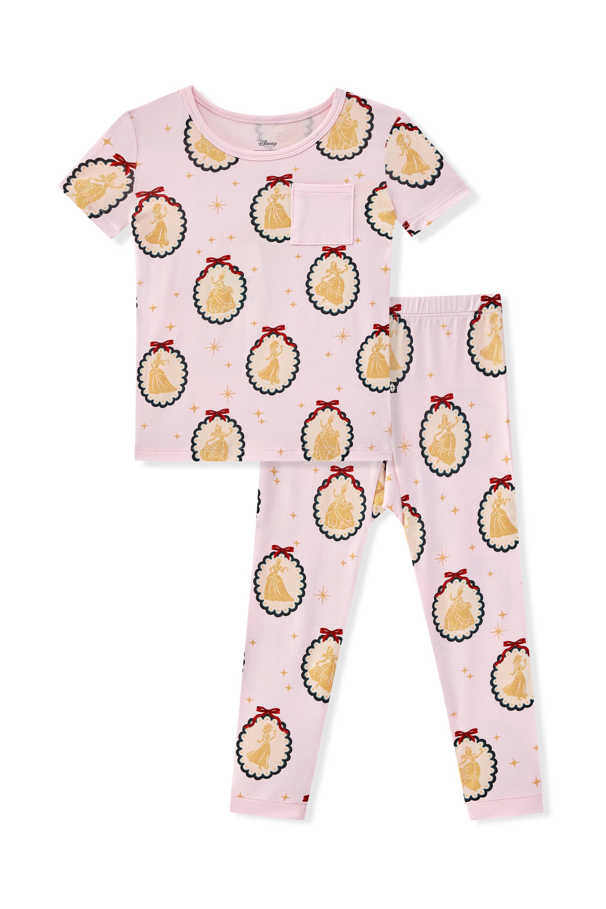 Short Sleeve with Pants Pajamas in Princess Holiday Portraits print on a white background