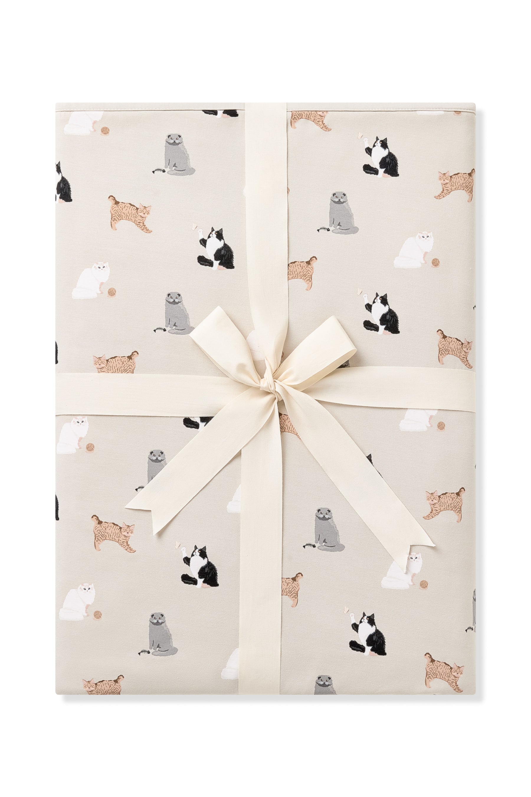 Youth Blanket in Fluffy Cat 1.0 shown in its packaging tied with a linen bow