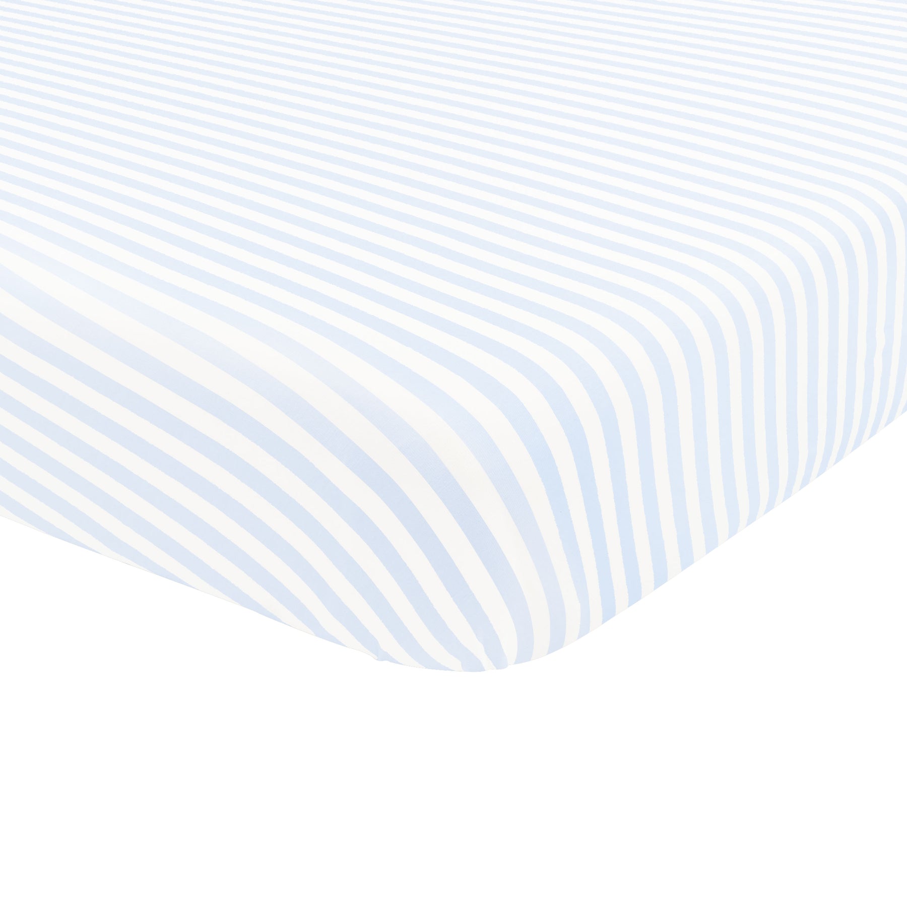 Corner of Mini Crib Sheet in Small Mist Stripe shown on a mattress