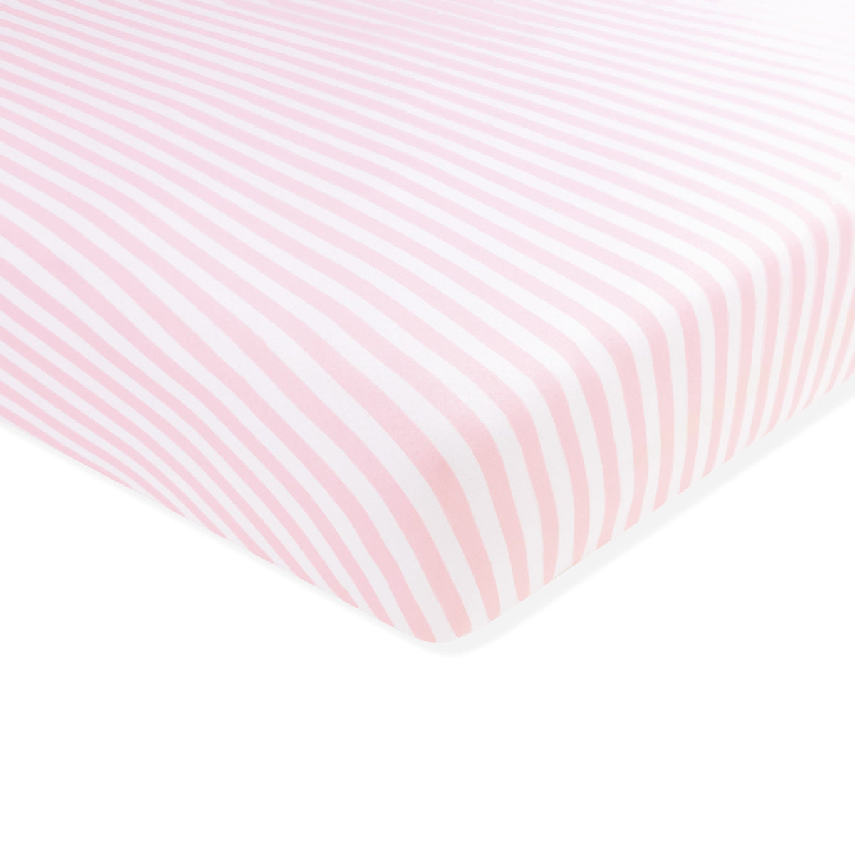 Corner of the Mini Crib Sheet in Small Sakura Stripe show on a mattress