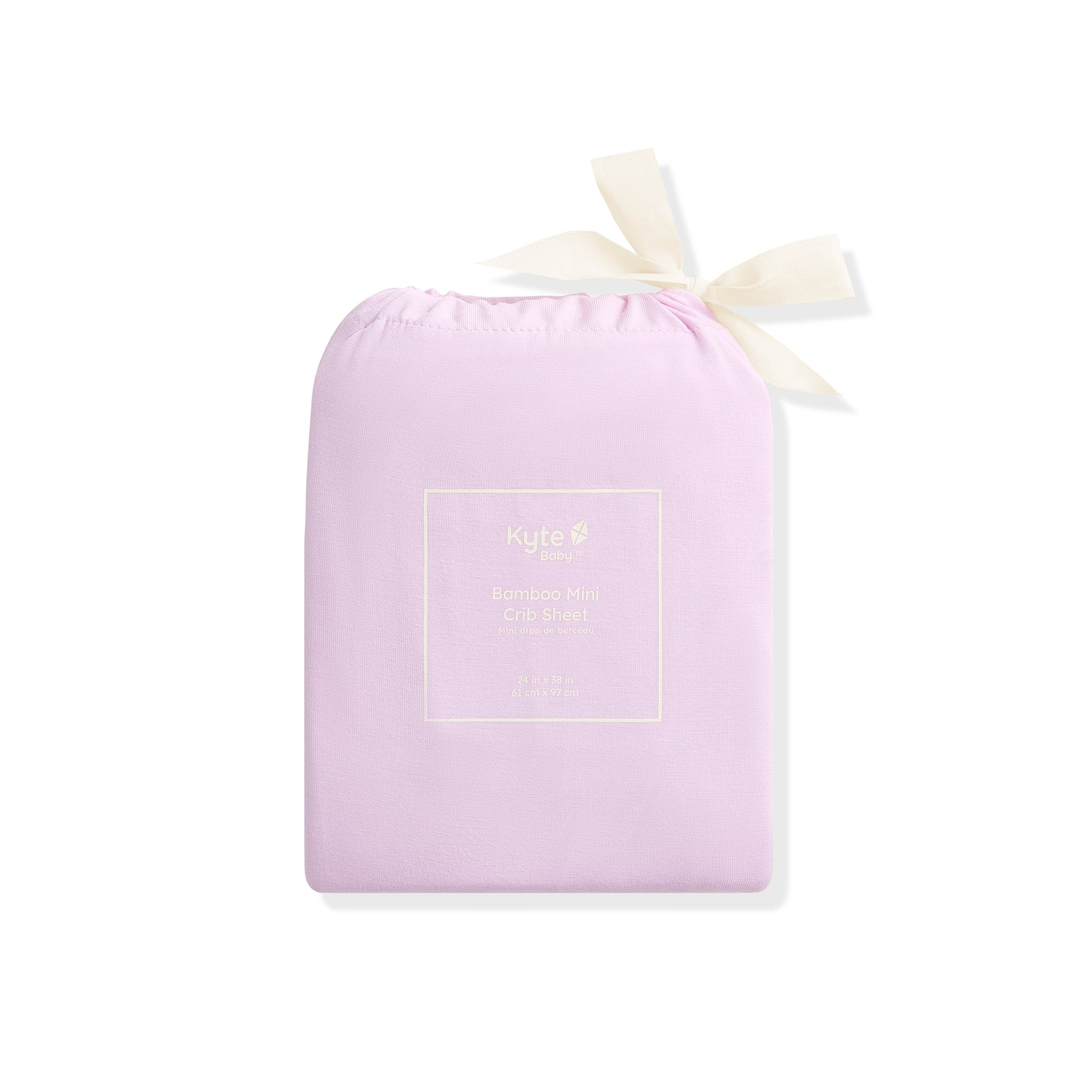 Purple drawstring bag with a white ribbon on a white background