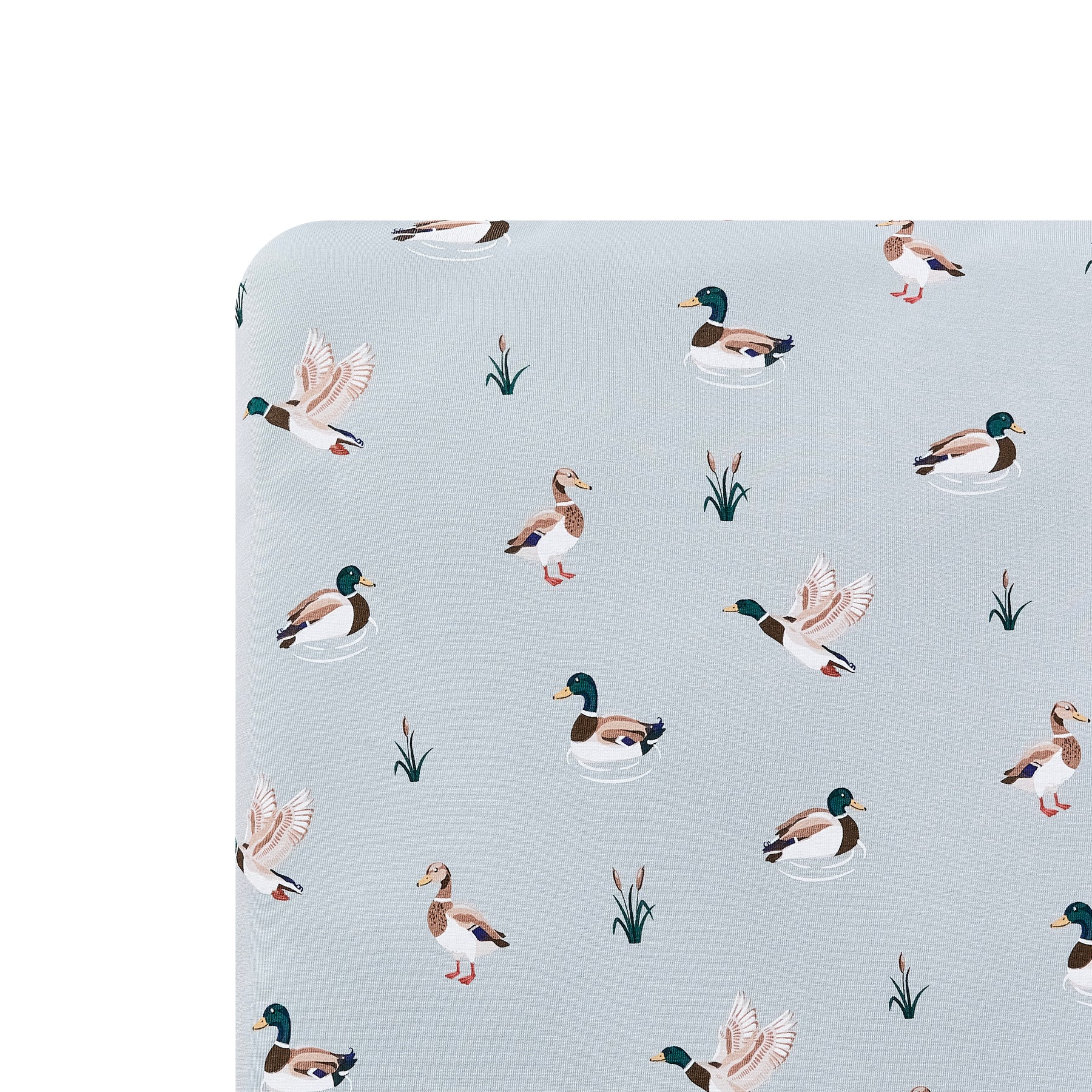 Close up of the Crib Sheet in Mallard Duck shown on a crib mattress