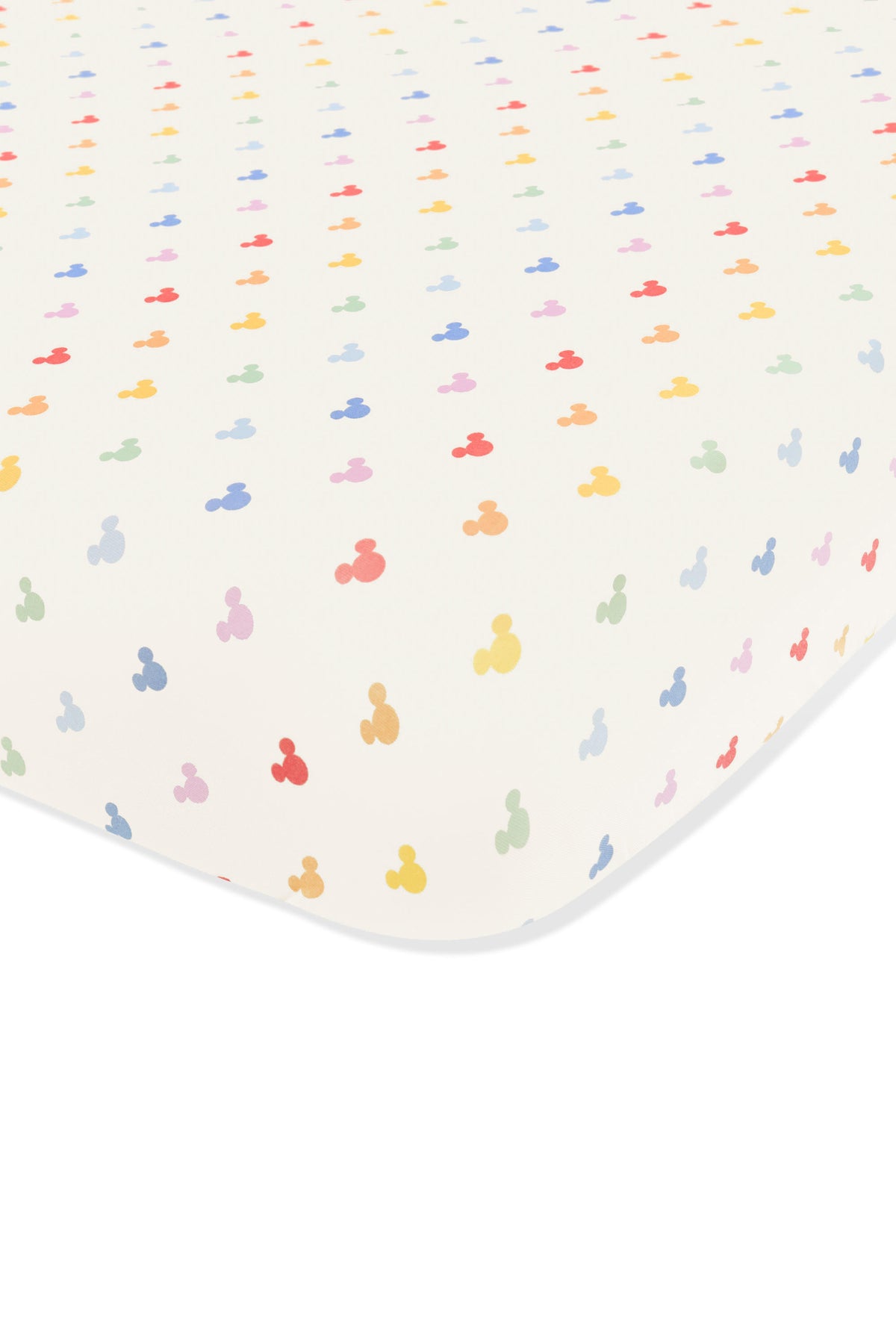 Crib sheet with pastel mickey mouse pattern on an oat background