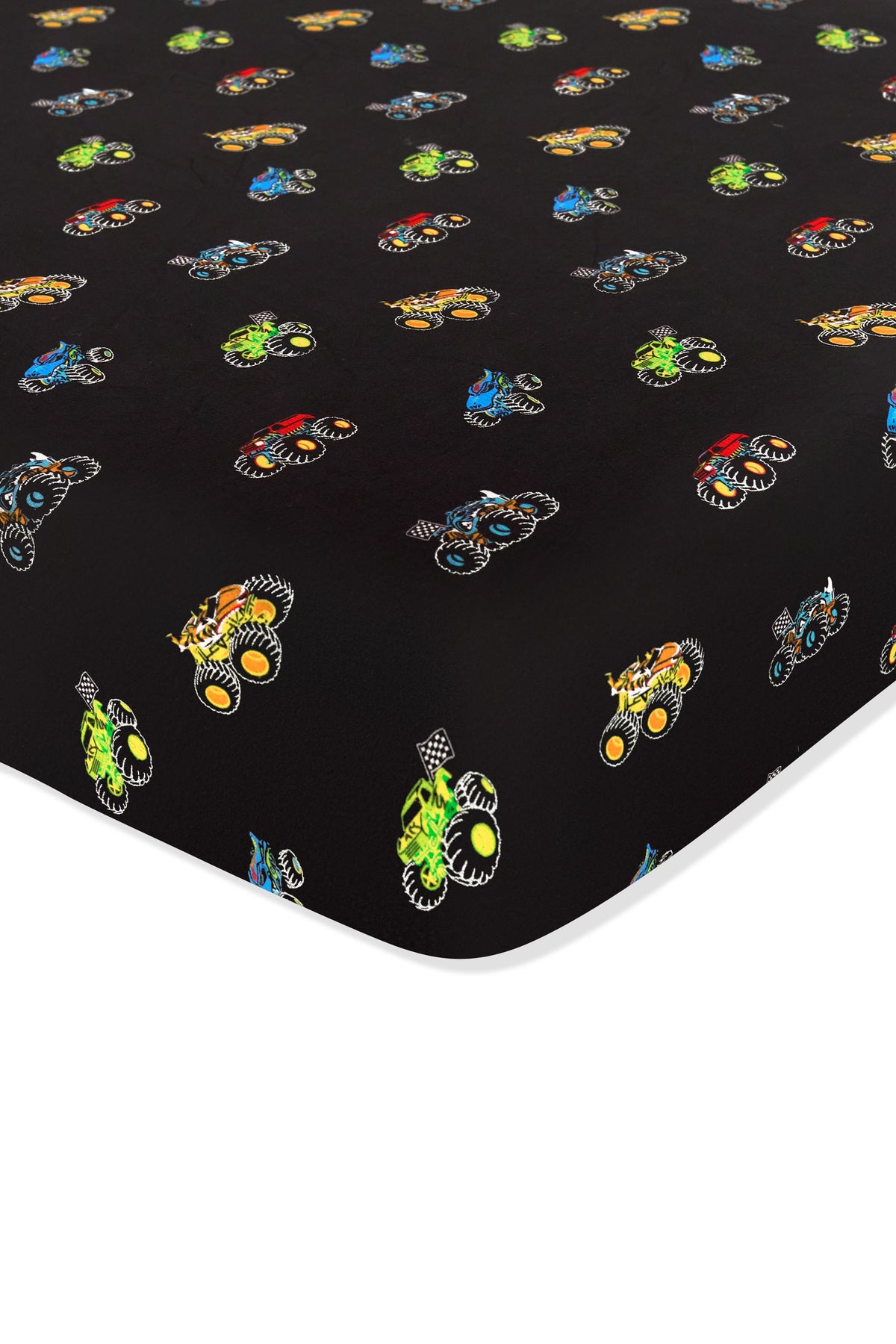 Crib Sheet with colorful Monster Truck print on white background