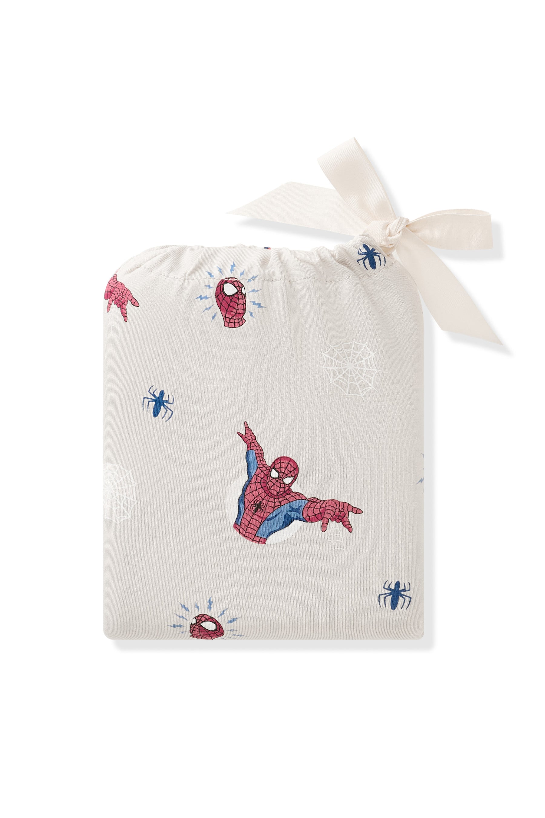 Crib Sheet in Spider-Man packed in an oat bag with Spider-Man print on a white background