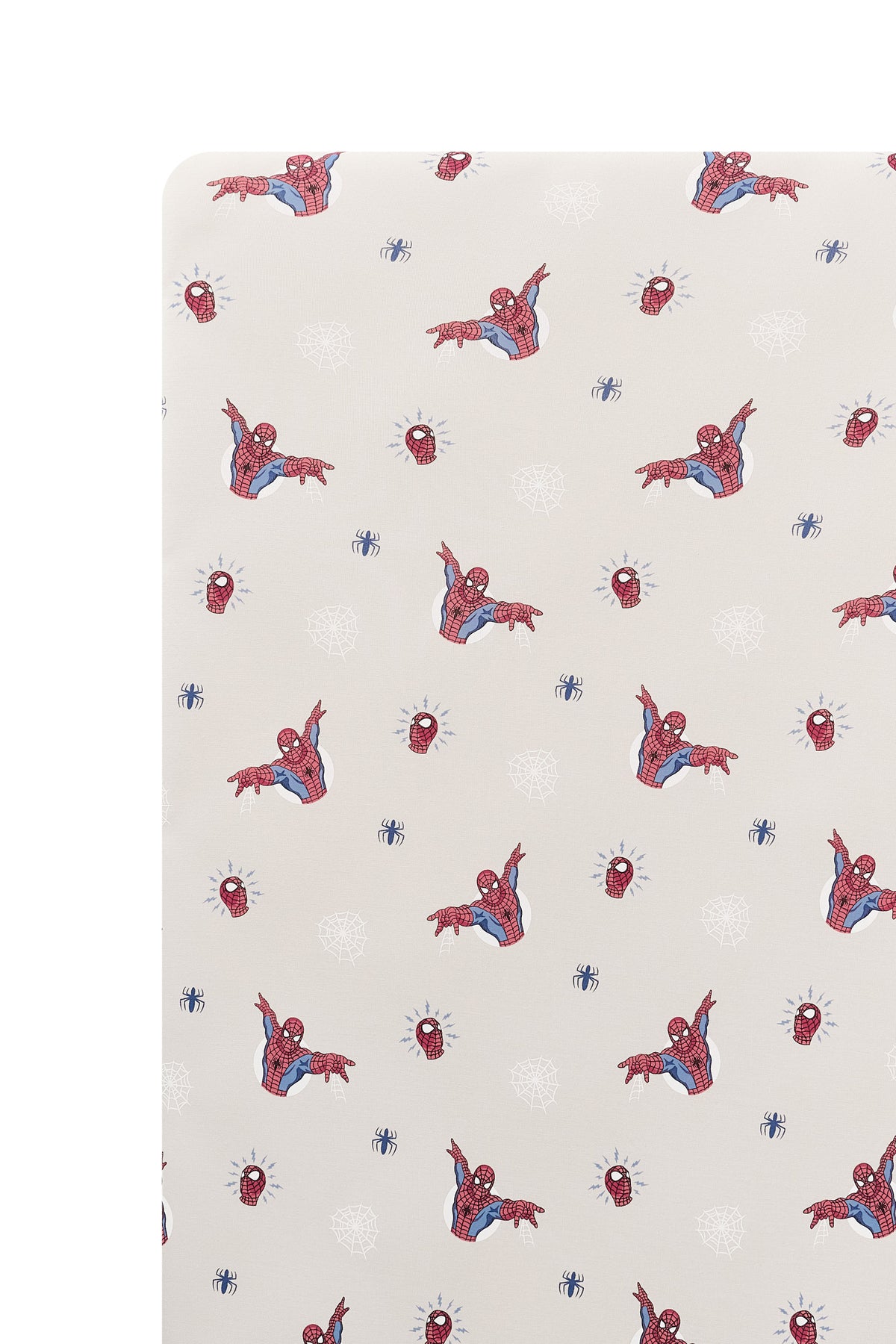 Close up of Oat Crib Sheet with Spider-Man print on a white background
