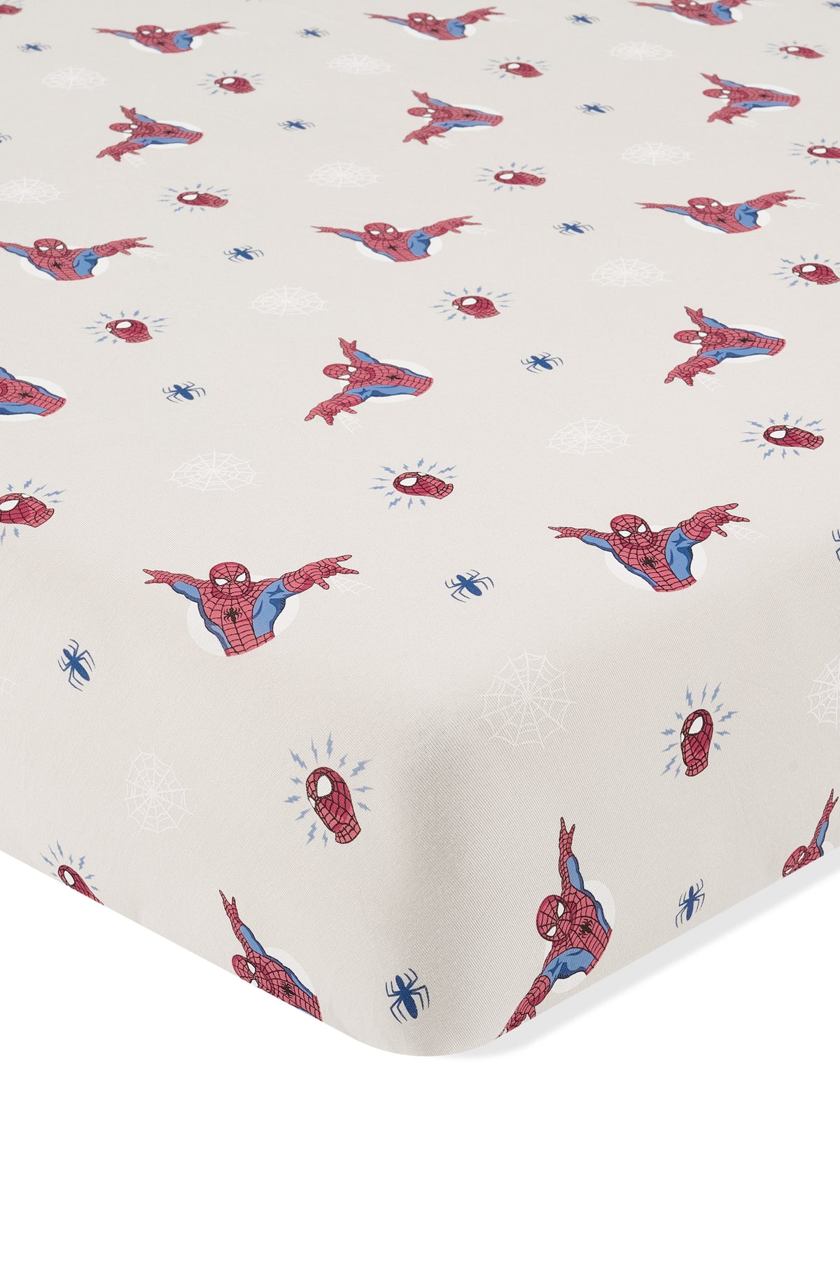 Oat Crib Sheet with Spider-Man print on a white background