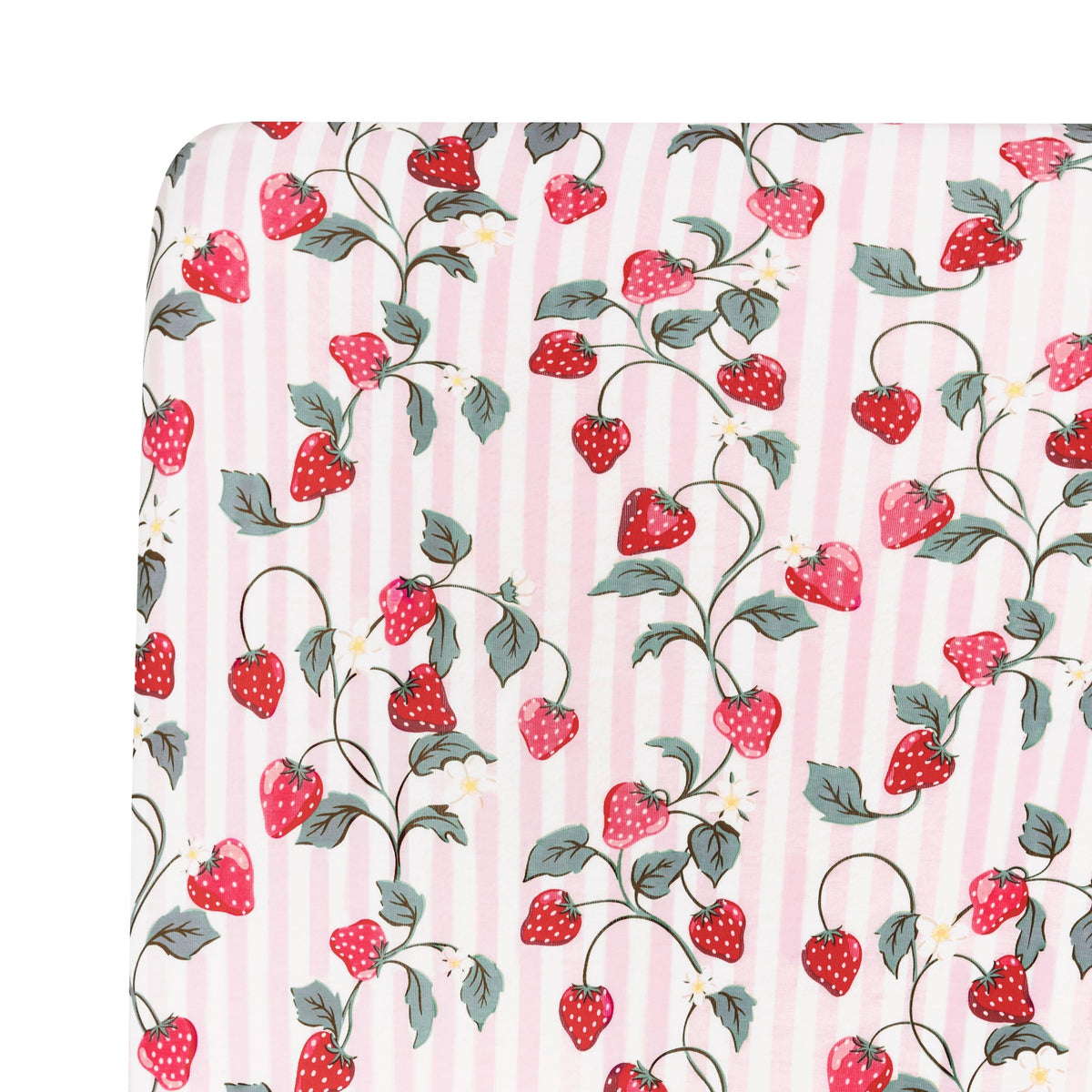 Close up of the Crib Sheet in Strawberry Fields on a crib mattress