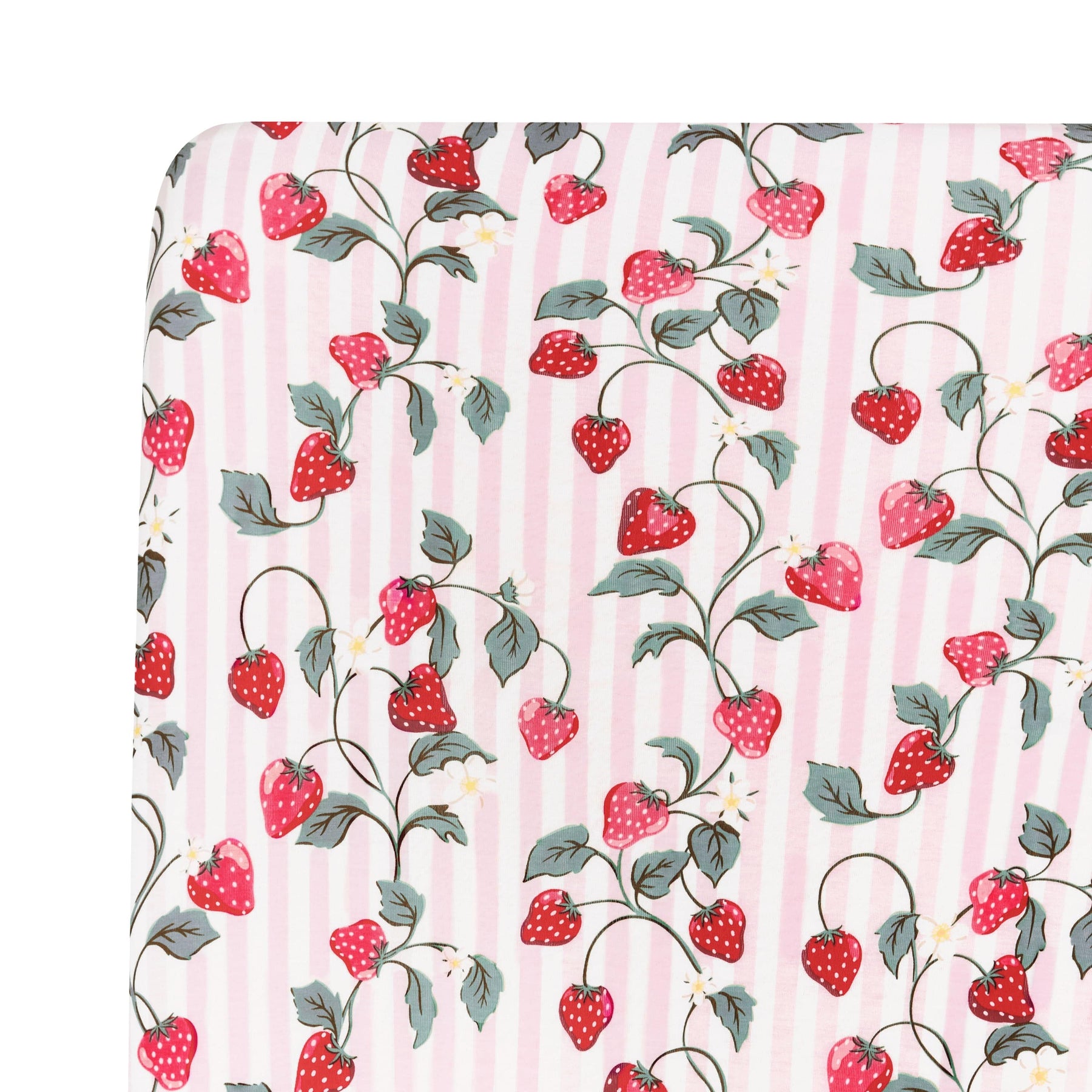 Close up of the Crib Sheet in Strawberry Fields on a crib mattress