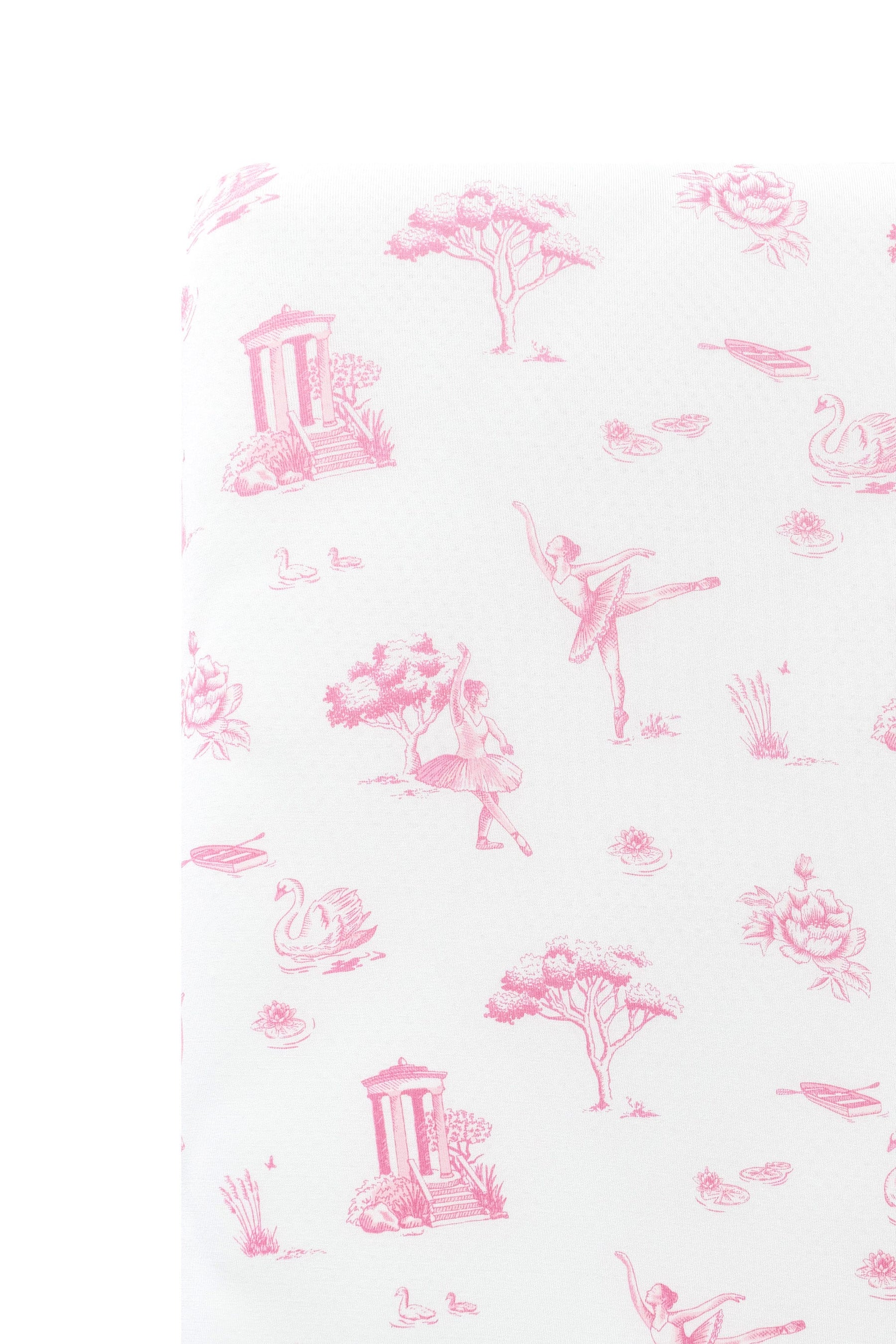 Close up of the Crib Sheet in Toile Ballet on a mattress