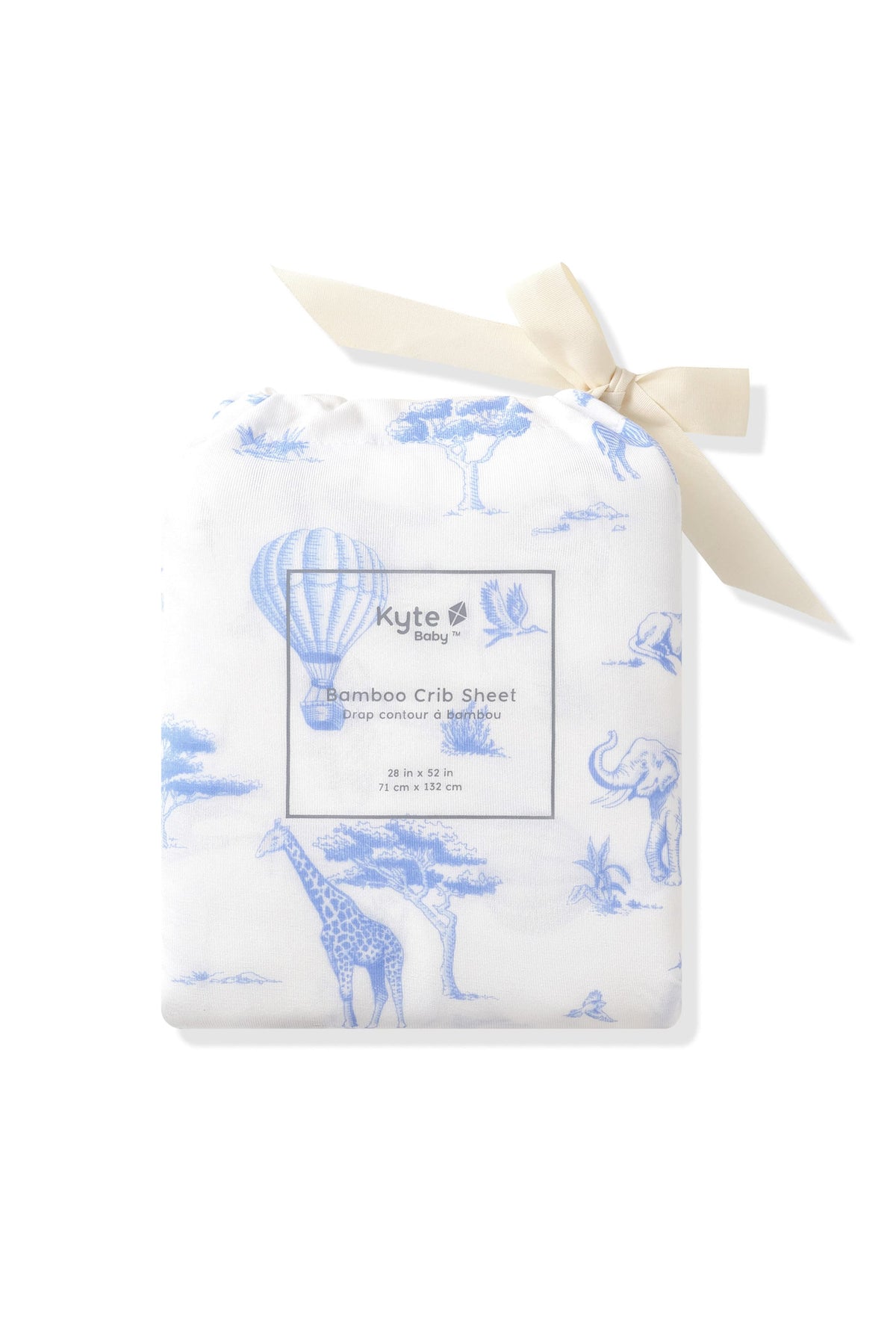 Crib Sheet in Toile Safari shown in its packaging