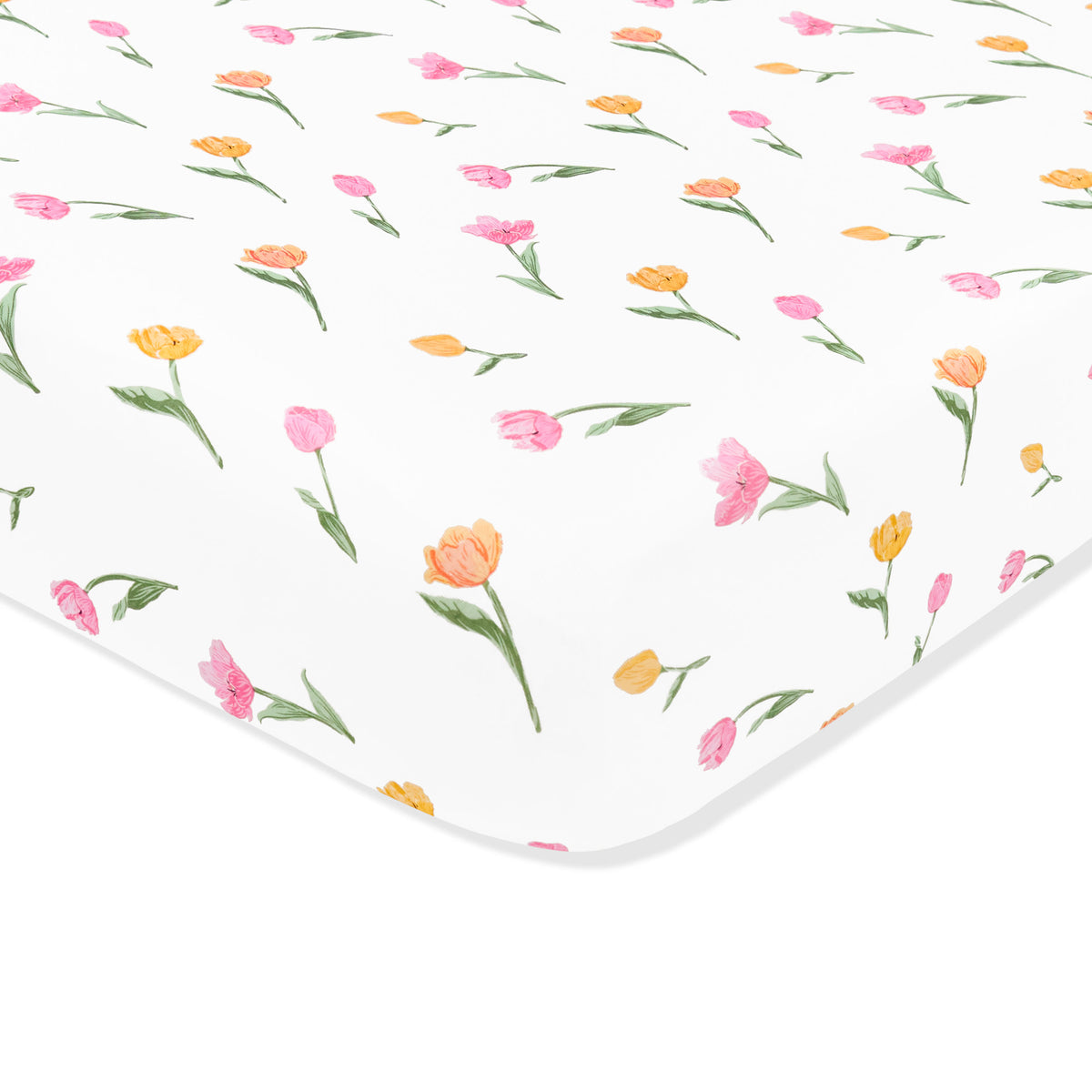 Close up of the Crib Sheet in Tulip shown on a crib mattress