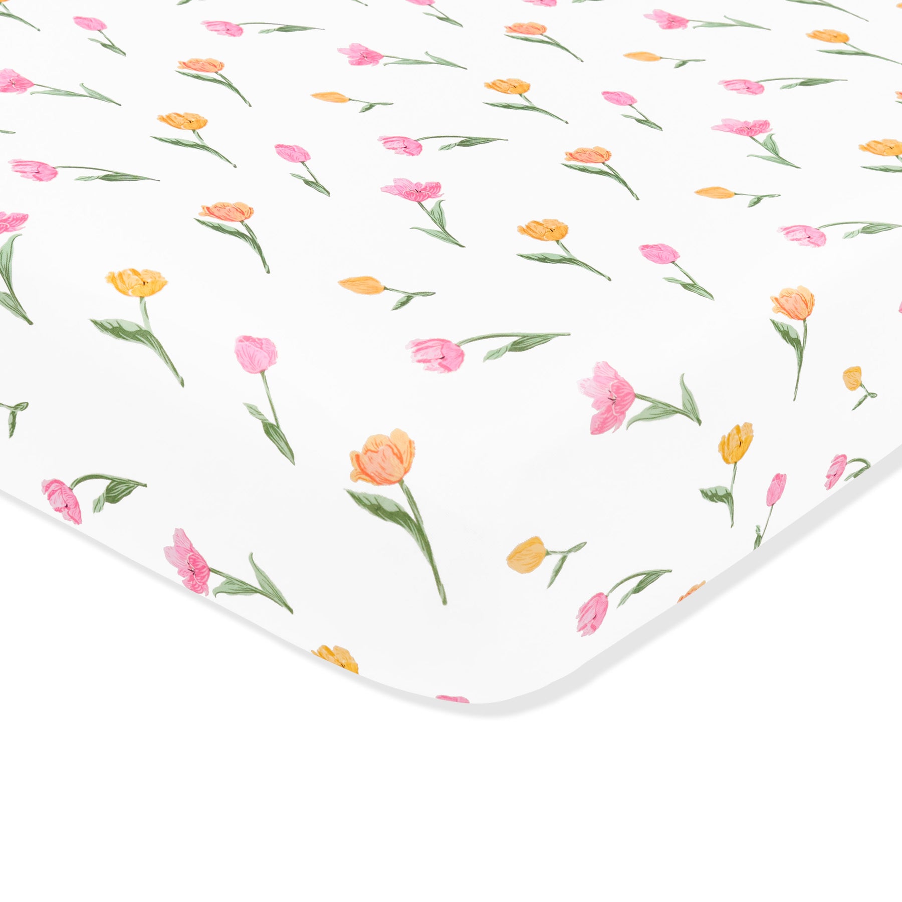 Close up of the Crib Sheet in Tulip shown on a crib mattress