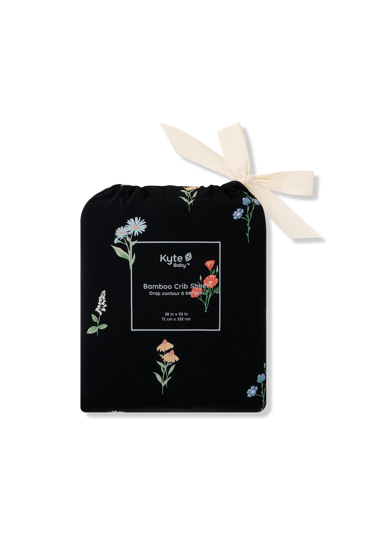 Black Crib Sheet in wildflower print packed in a black bag with Wildflower print on a white background
