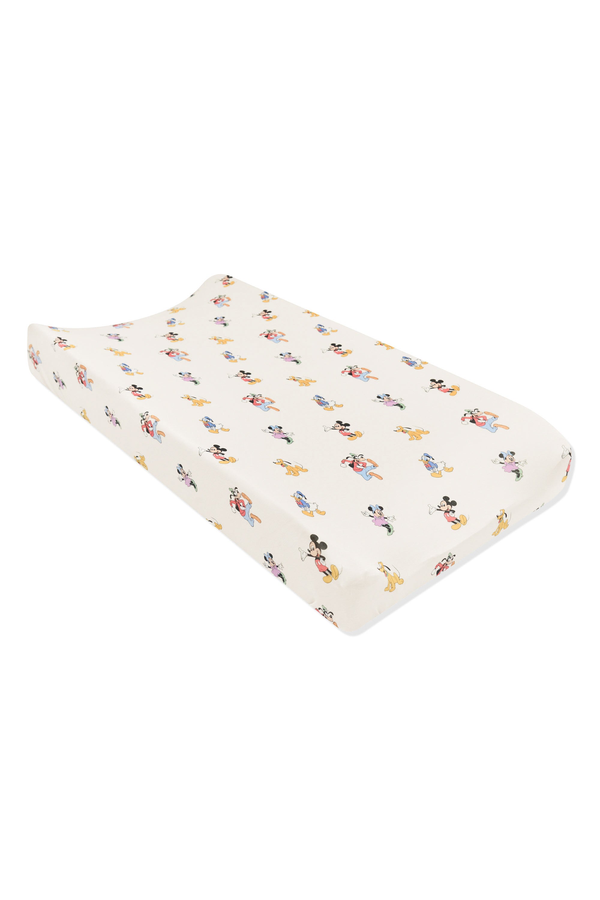 Change pad cover with mickey mouse and friends print on an oat background
