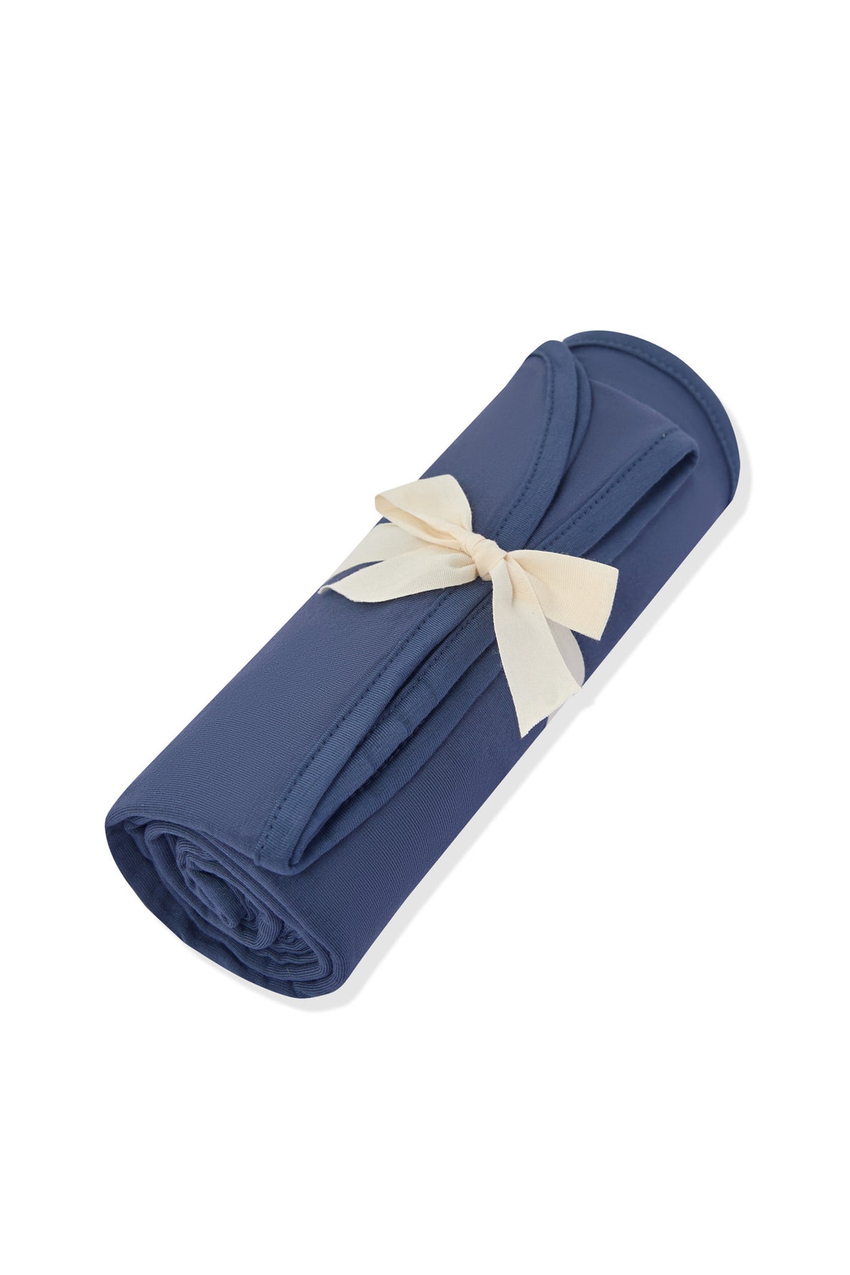 Swaddle Blanket in Oxford rolled and tied with a ribbon on a white background