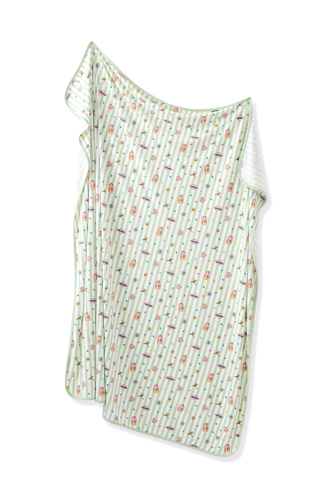Green and white striped Swaddle blanket with colorful Harry Potter patterns on a white background