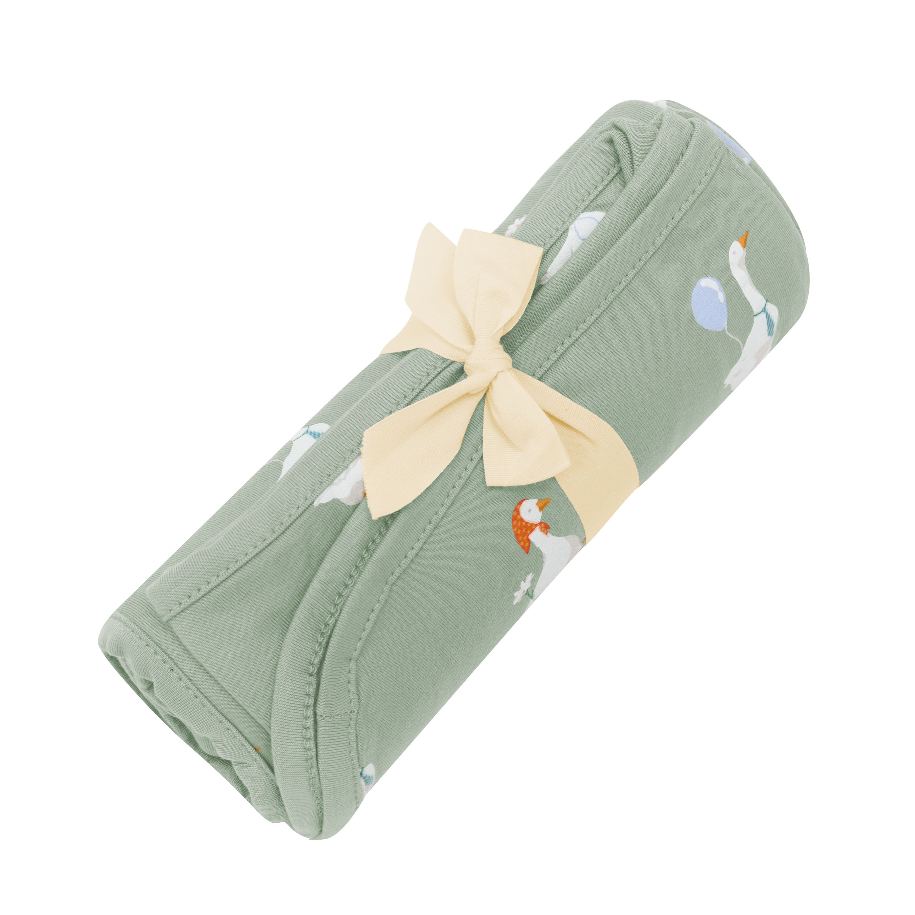 Swaddle Blanket in Silly Goose shown rolled in its packaging