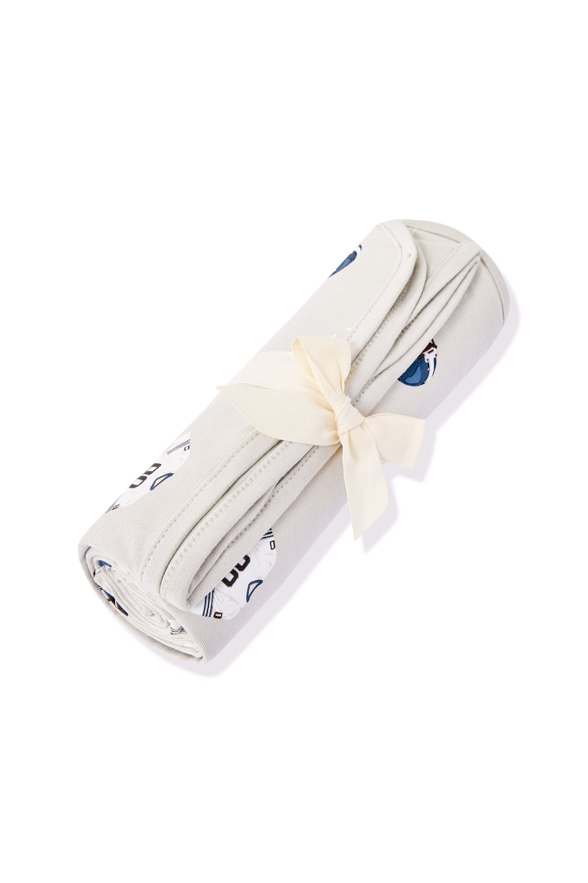 Swaddle Blanket in Vintage Football print rolled and packed in a ribbon on a white background